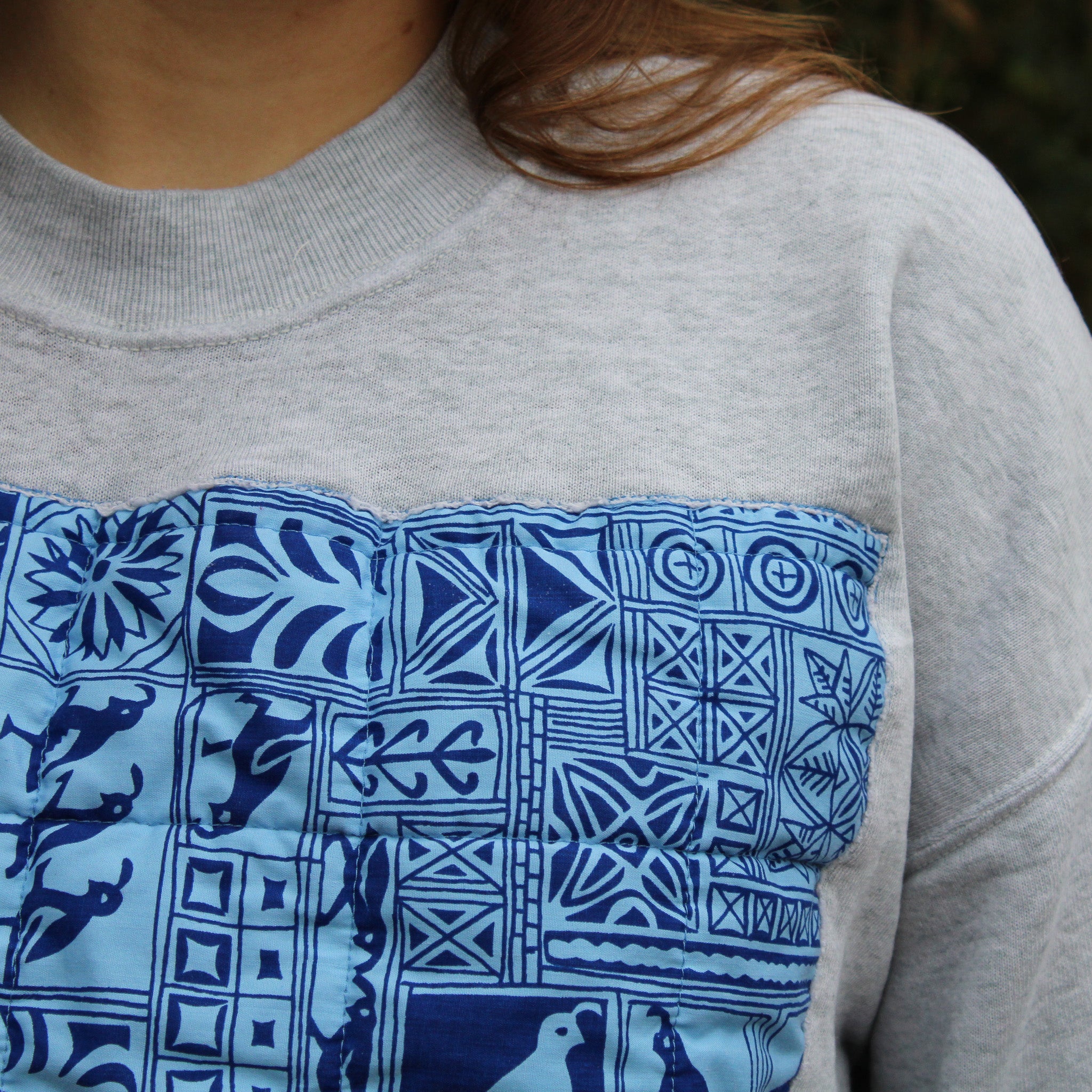 60s harwood steiger avian panel sweatshirt in heather grey - designer textile