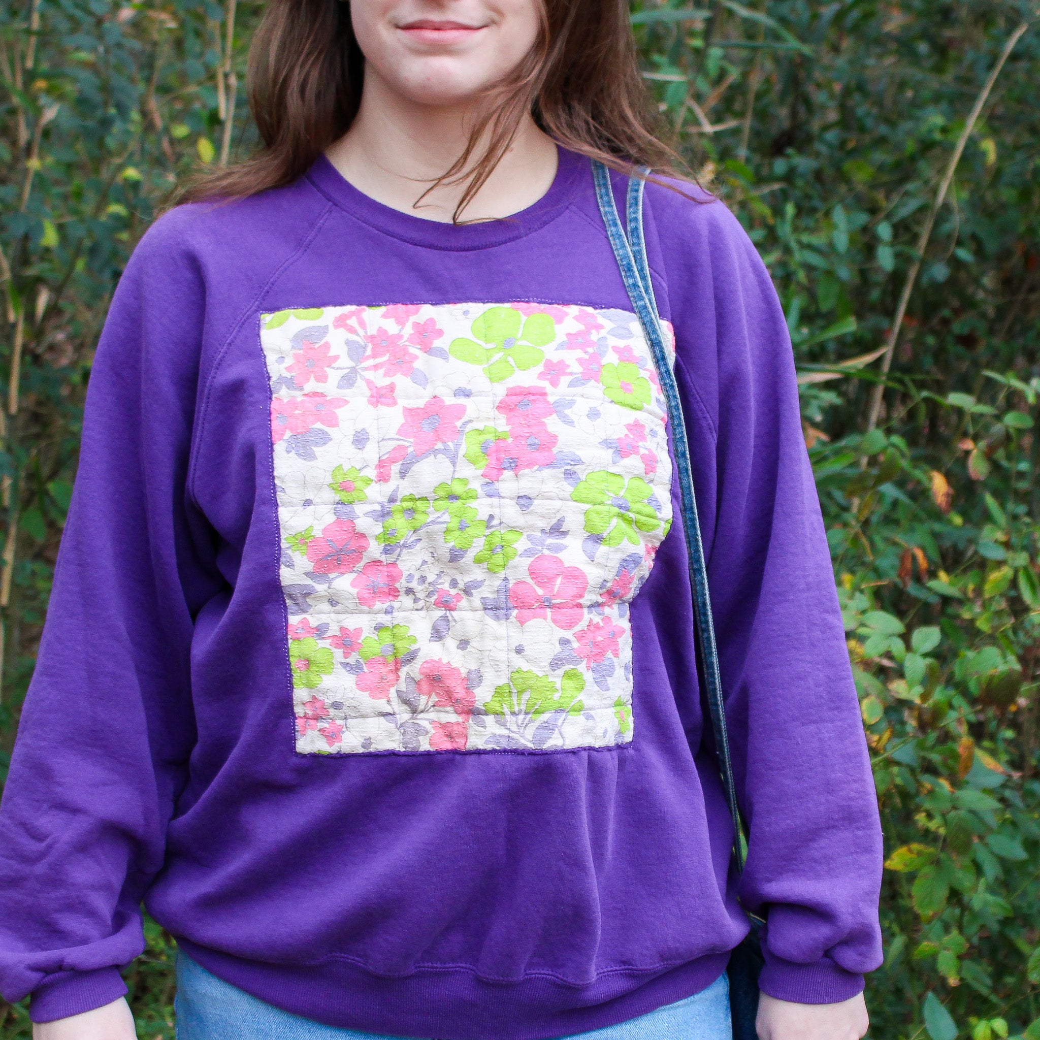 60s quilted floral sweatshirt in purple - one-of-a-kind