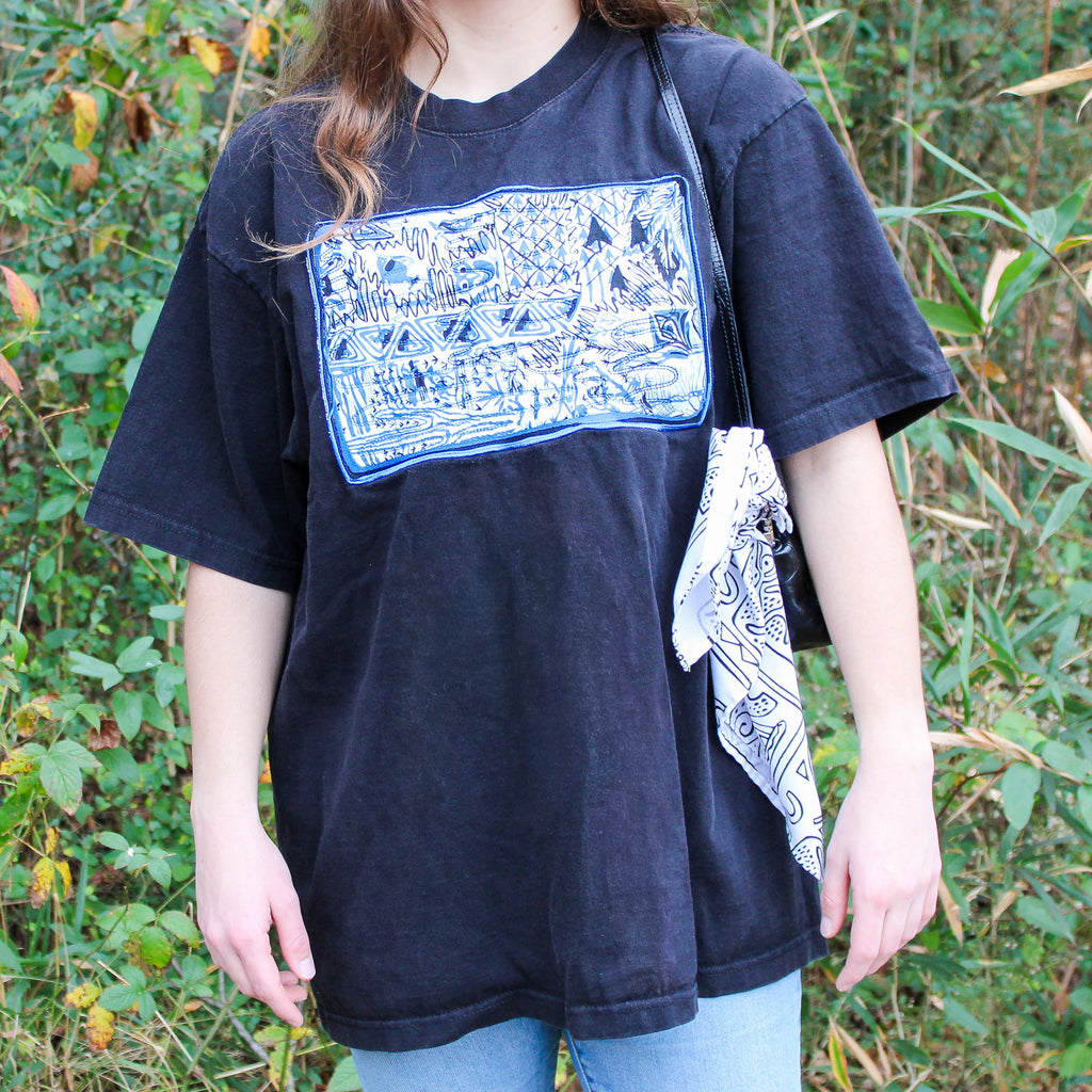 60s harwood steiger blue landscape quilted applique tee - one-of-a-kind
