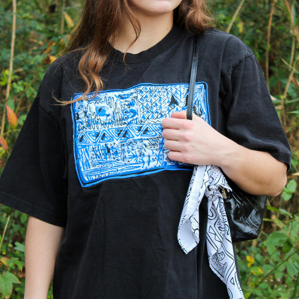 60s harwood steiger blue landscape quilted applique tee - one-of-a-kind