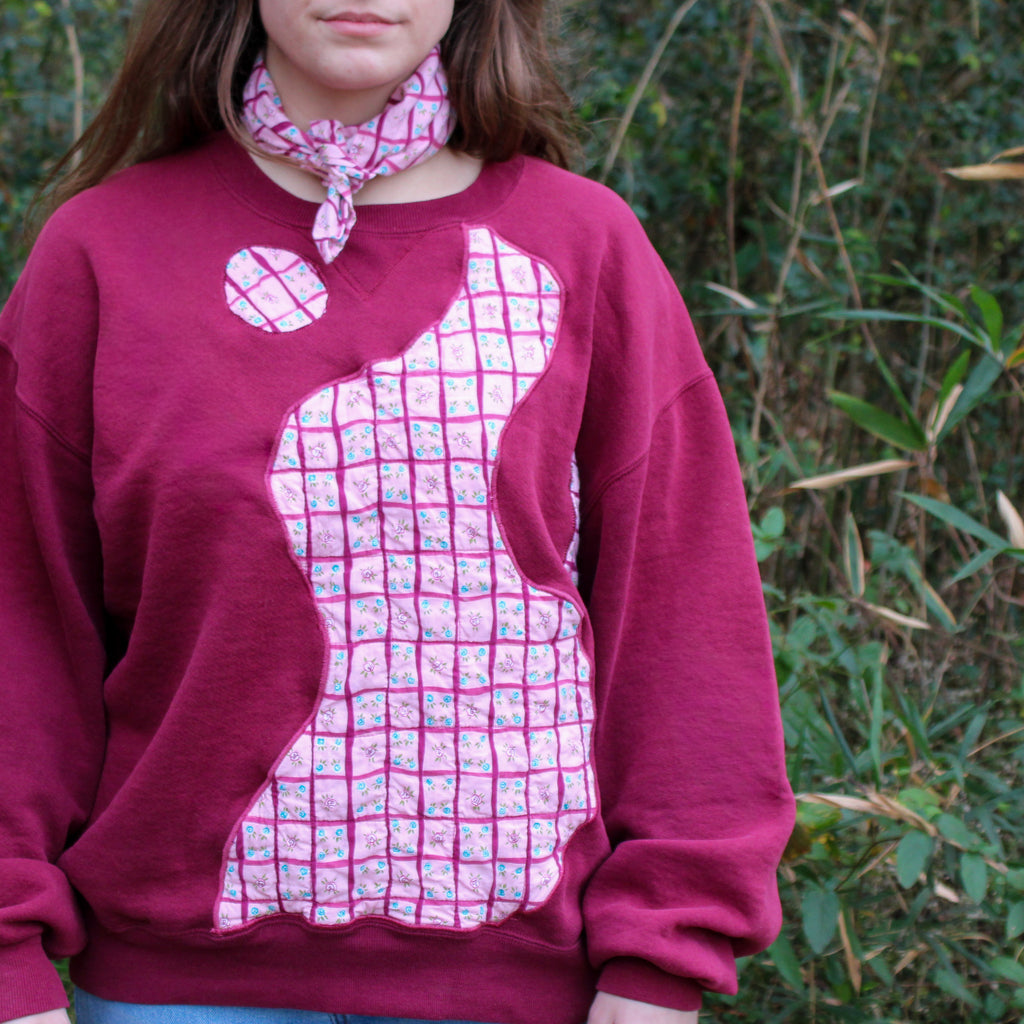 60s faux-patchwork rosebud quilted reverse appliqué sweatshirt -one-of-a-kind