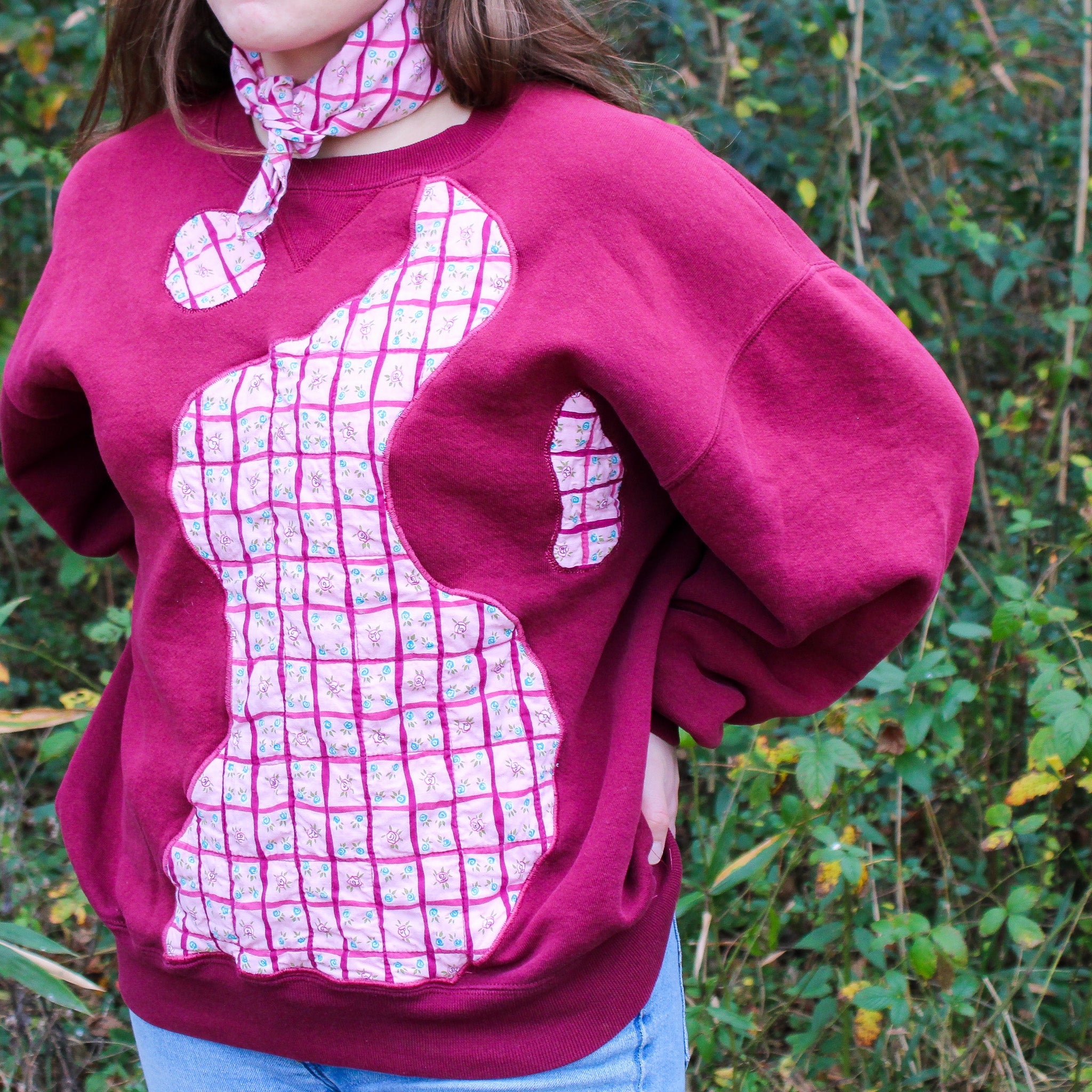 60s faux-patchwork rosebud quilted reverse appliqué sweatshirt -one-of-a-kind
