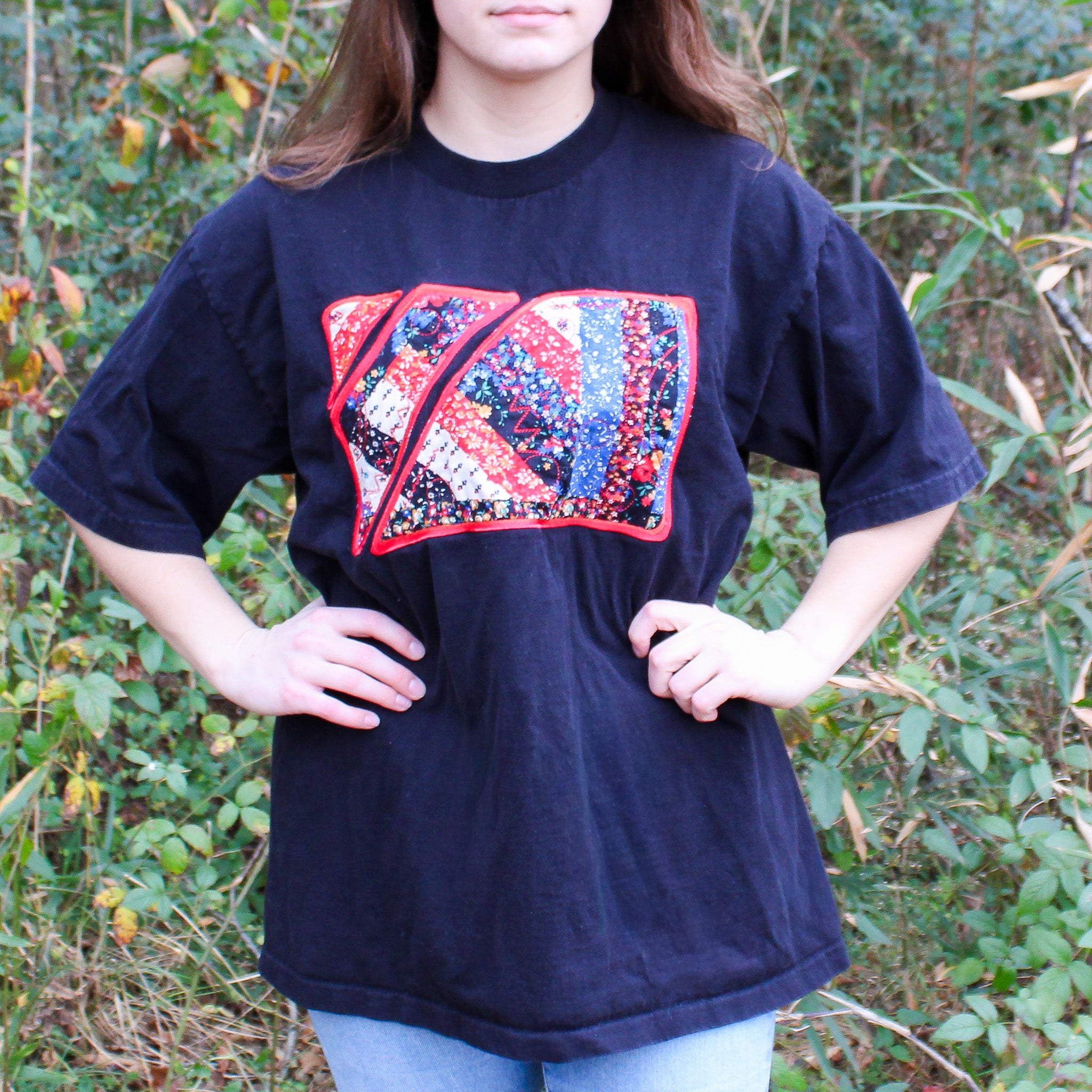 70s faux-patchwork appliqué tee in black - one-of-a-kind