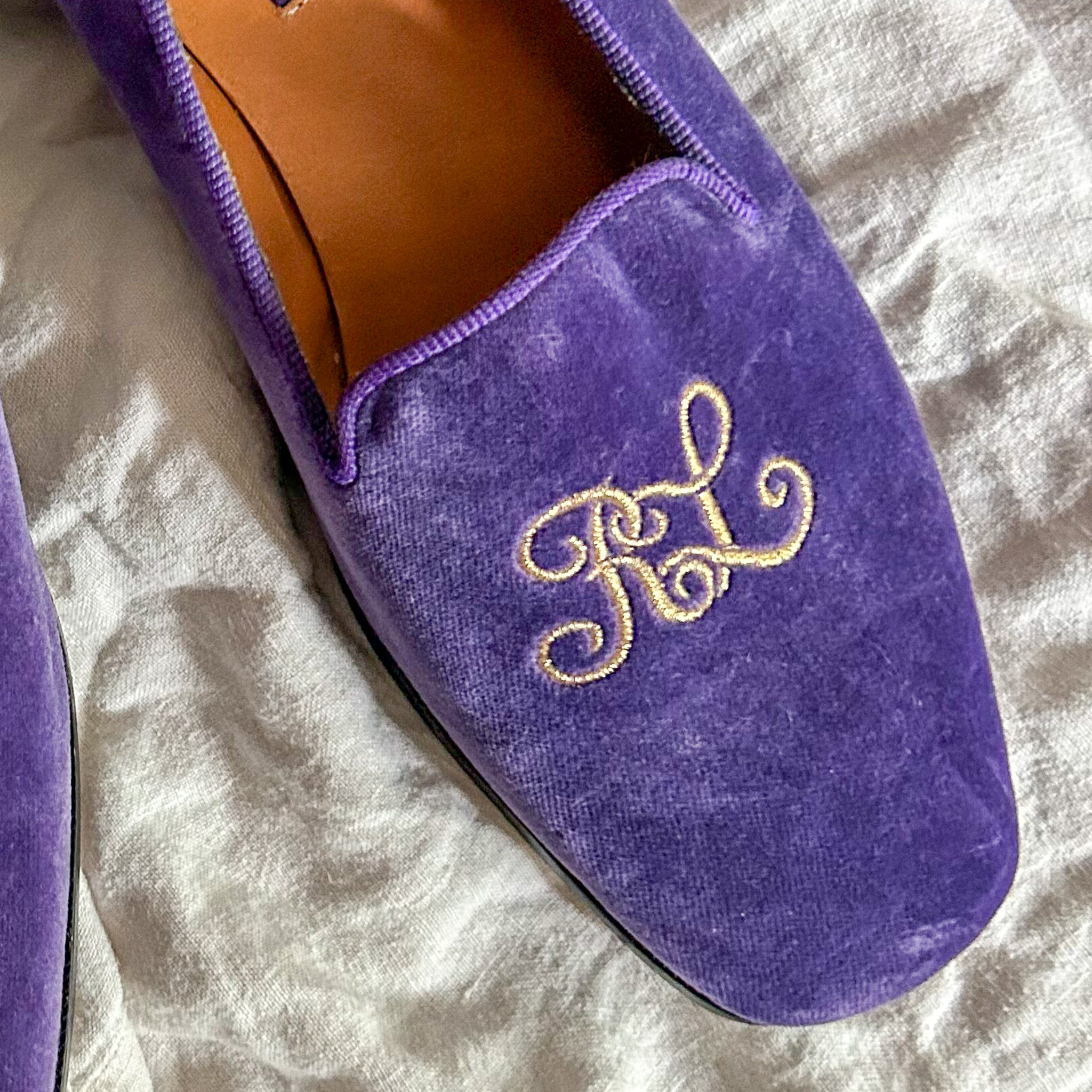 90s ralph lauren collection purple velvet smoking slippers - RL monogram