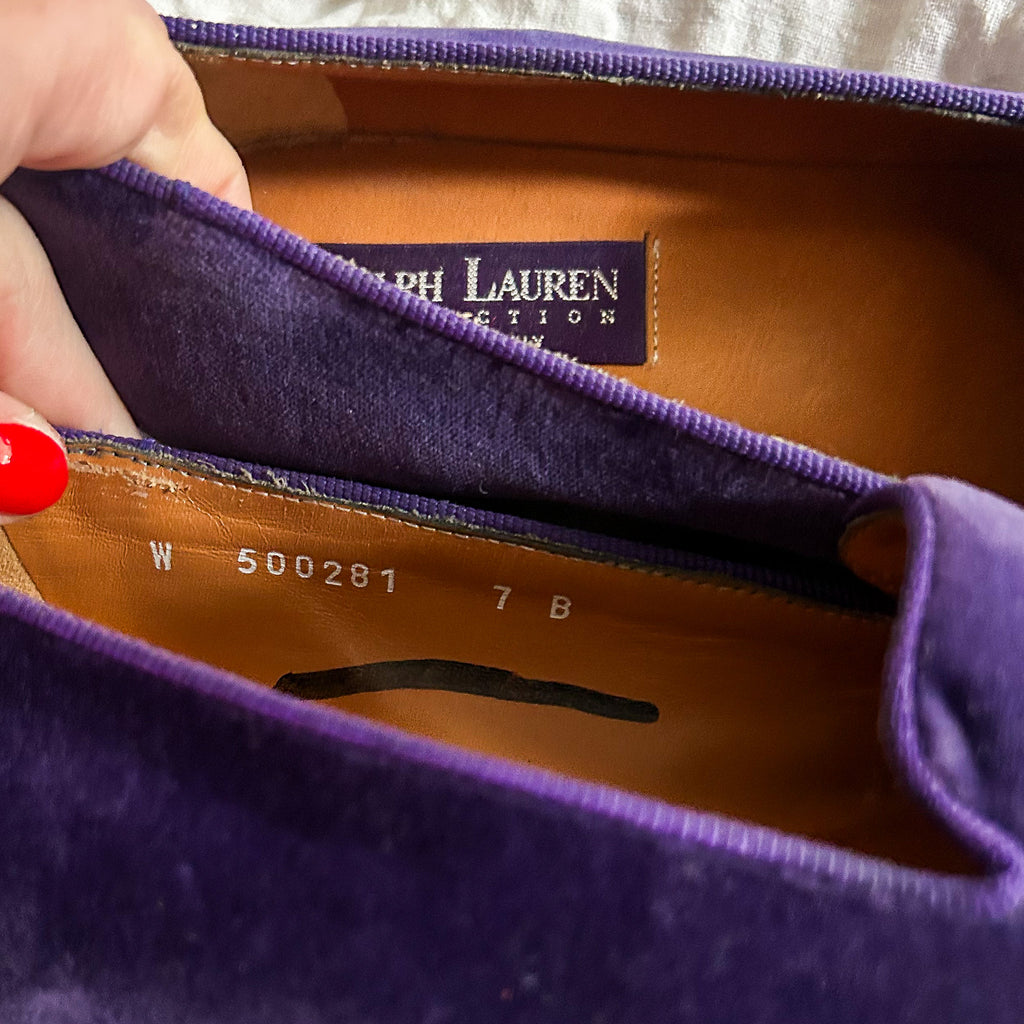90s ralph lauren collection purple velvet smoking slippers - RL monogram
