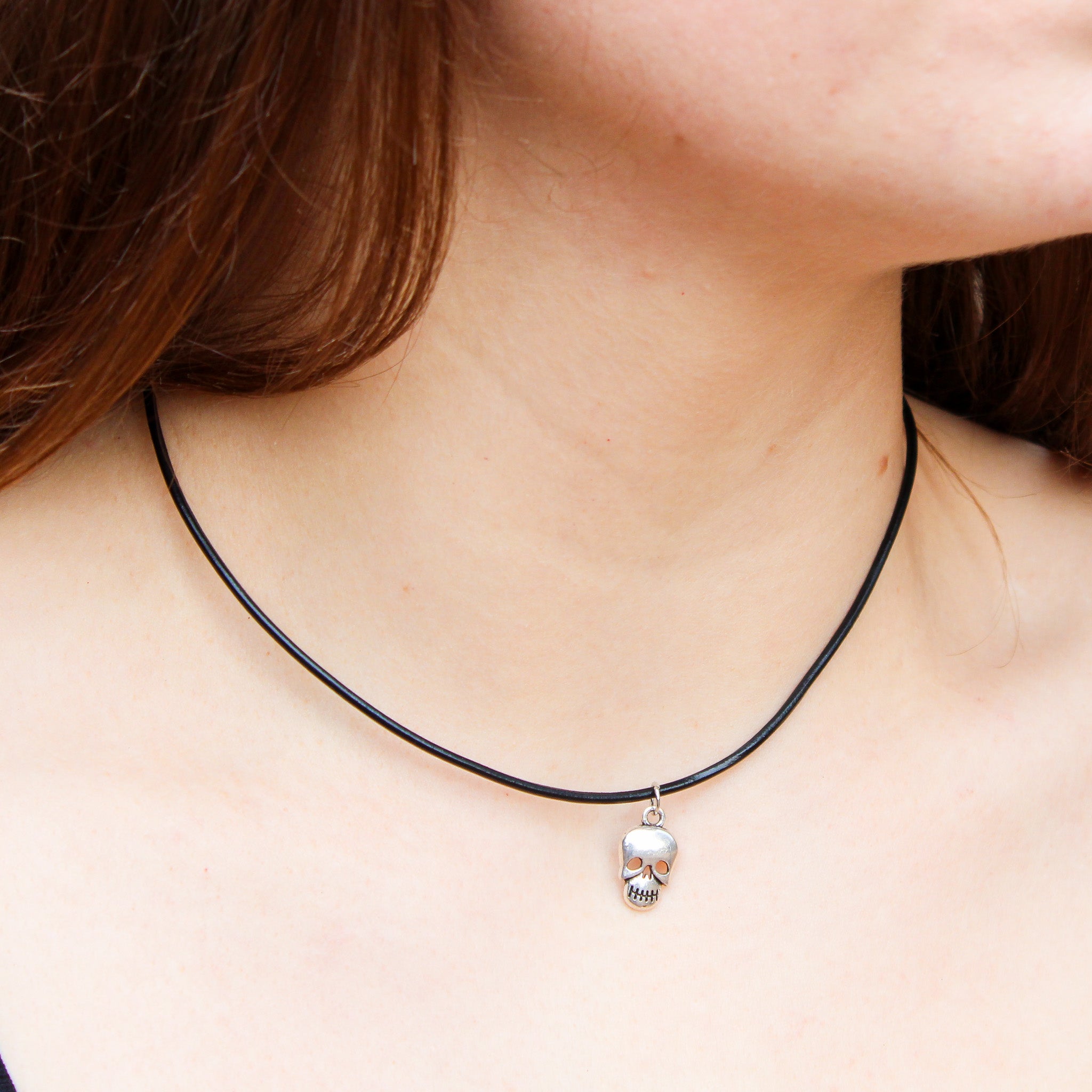 60s skull charm leather choker necklace - remade