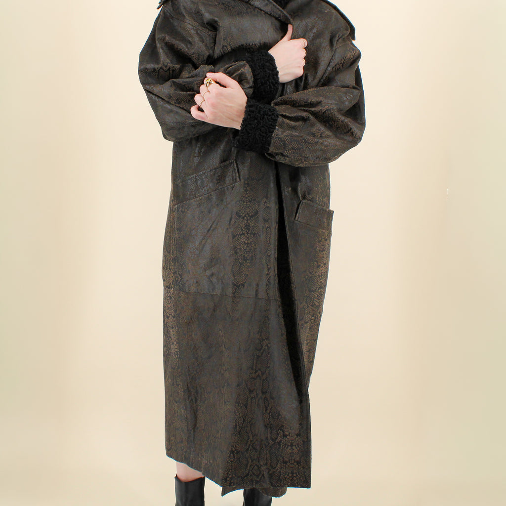 80s snakeskin leather coat with fur cuffs & lining, floorlength