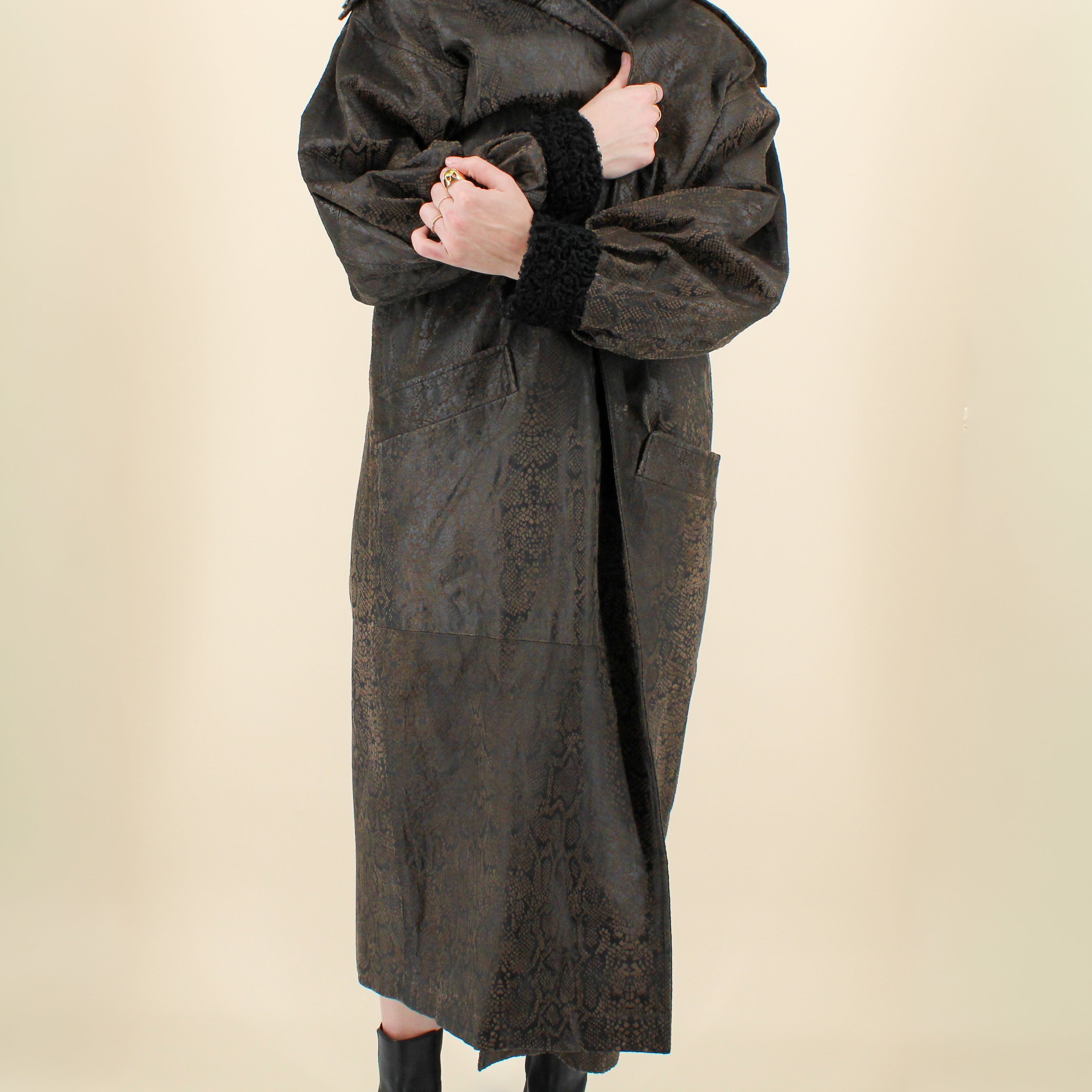 80s snakeskin leather coat with fur cuffs & lining, floorlength
