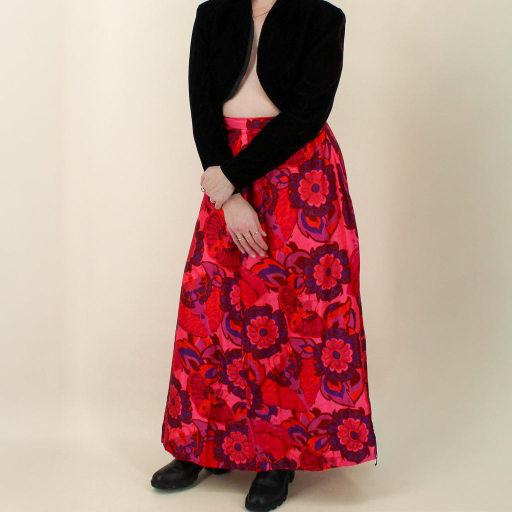 70s psychedelic floral dupioni silk maxi skirt