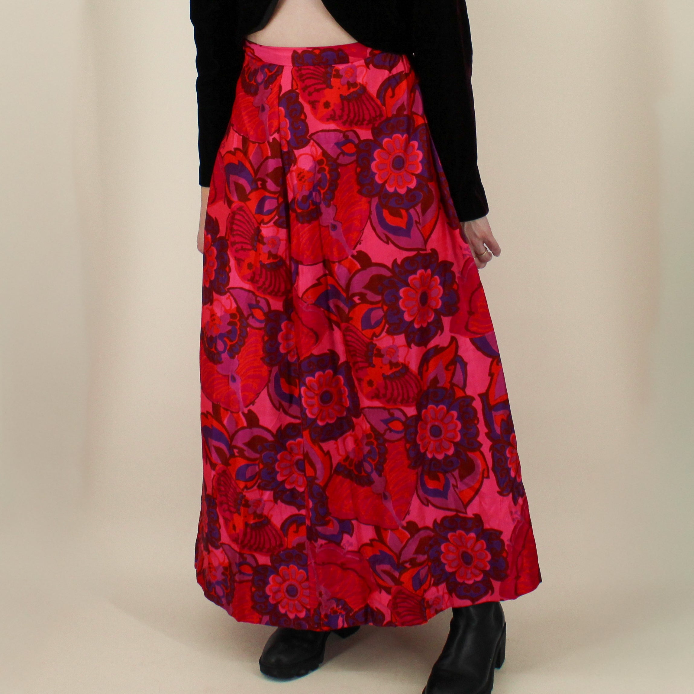 70s psychedelic floral dupioni silk maxi skirt