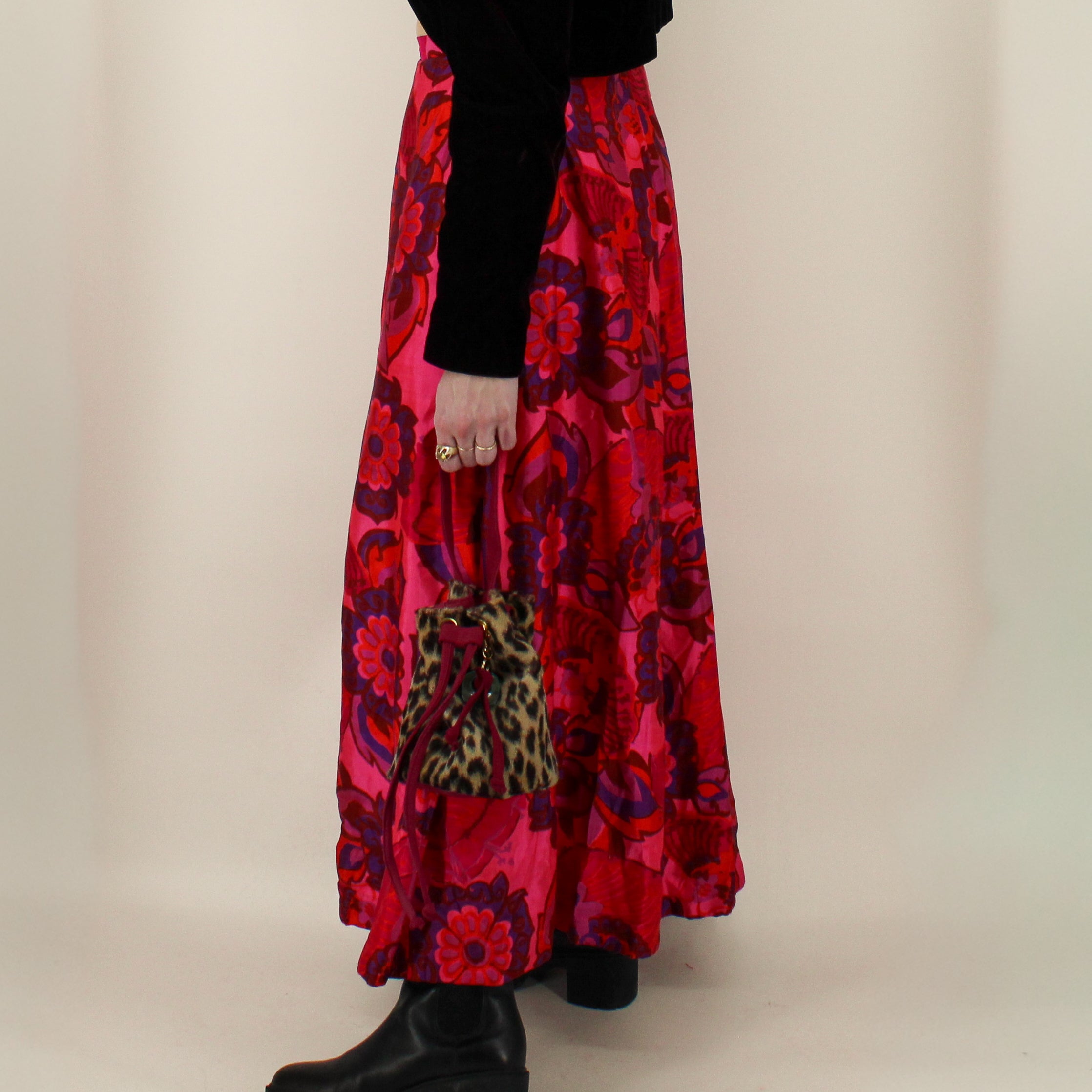 70s psychedelic floral dupioni silk maxi skirt