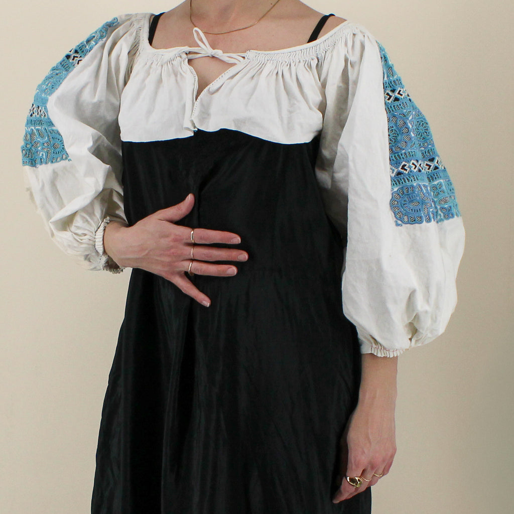 50s folk cropped blouse - hand-smocked neckline & wrists,  cutwork embroidery