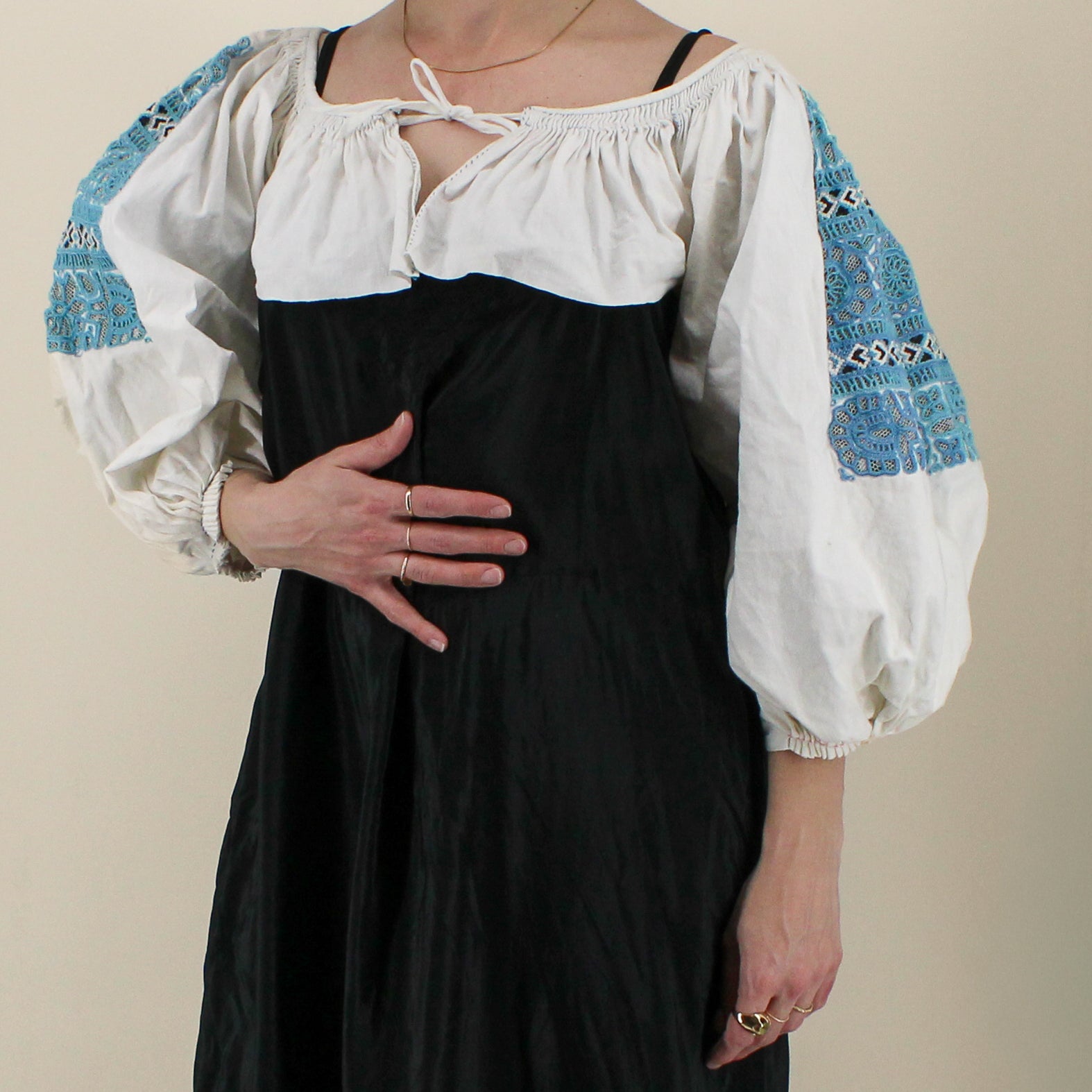 50s folk cropped blouse - hand-smocked neckline & wrists,  cutwork embroidery