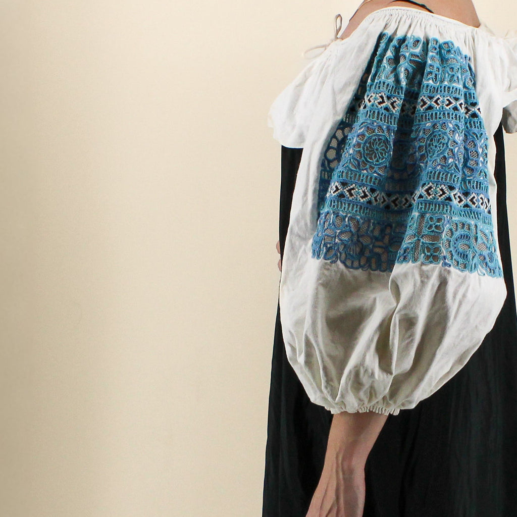 50s folk cropped blouse - hand-smocked neckline & wrists,  cutwork embroidery