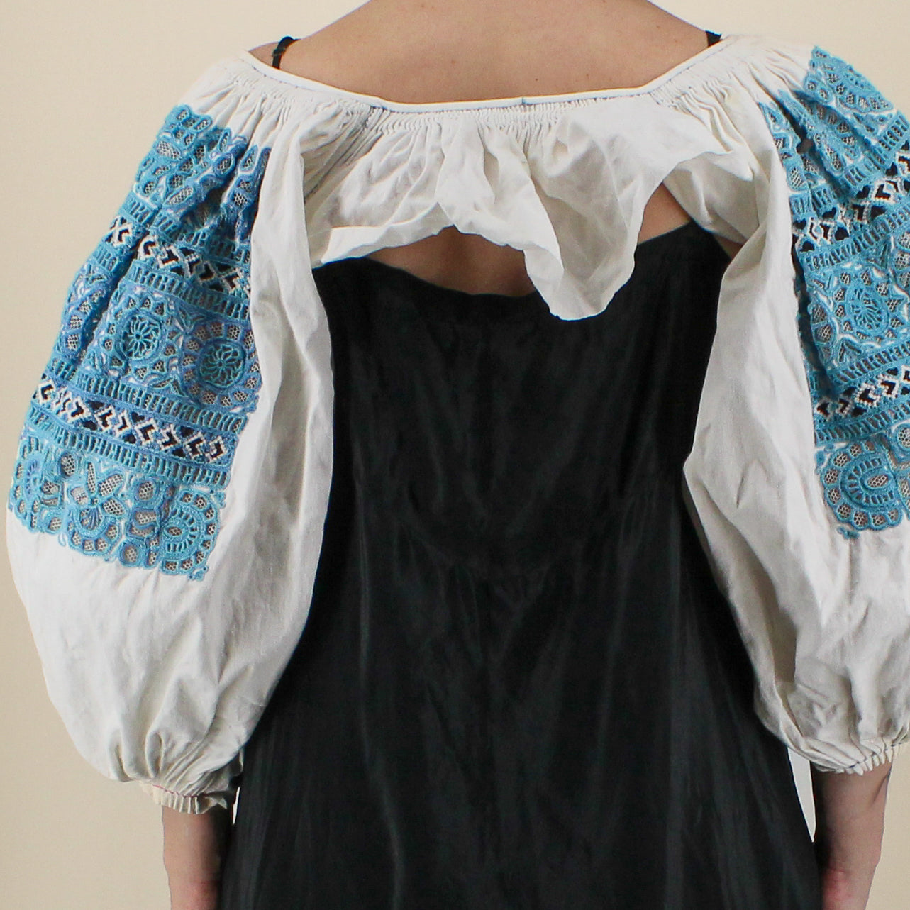 50s folk cropped blouse - hand-smocked neckline & wrists,  cutwork embroidery