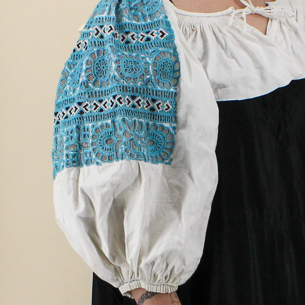 50s folk cropped blouse - hand-smocked neckline & wrists,  cutwork embroidery