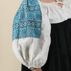 50s folk cropped blouse - hand-smocked neckline & wrists,  cutwork embroidery