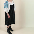 50s folk cropped blouse - hand-smocked neckline & wrists,  cutwork embroidery