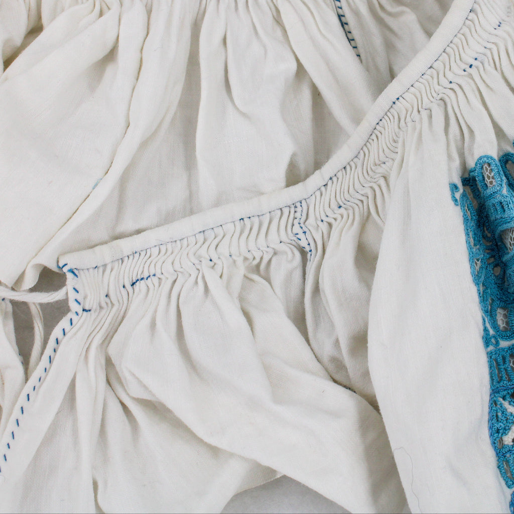 50s folk cropped blouse - hand-smocked neckline & wrists,  cutwork embroidery