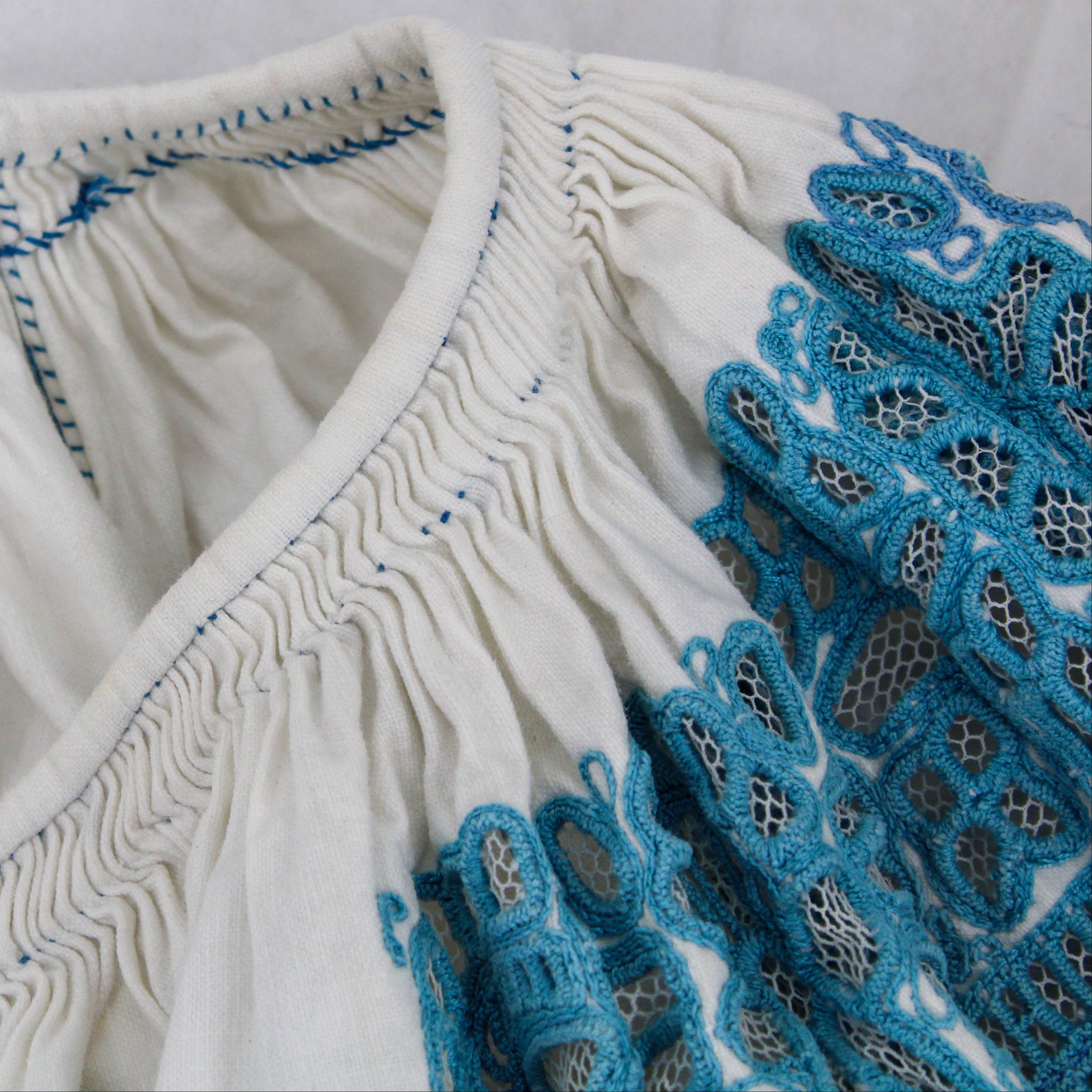 50s folk cropped blouse - hand-smocked neckline & wrists,  cutwork embroidery