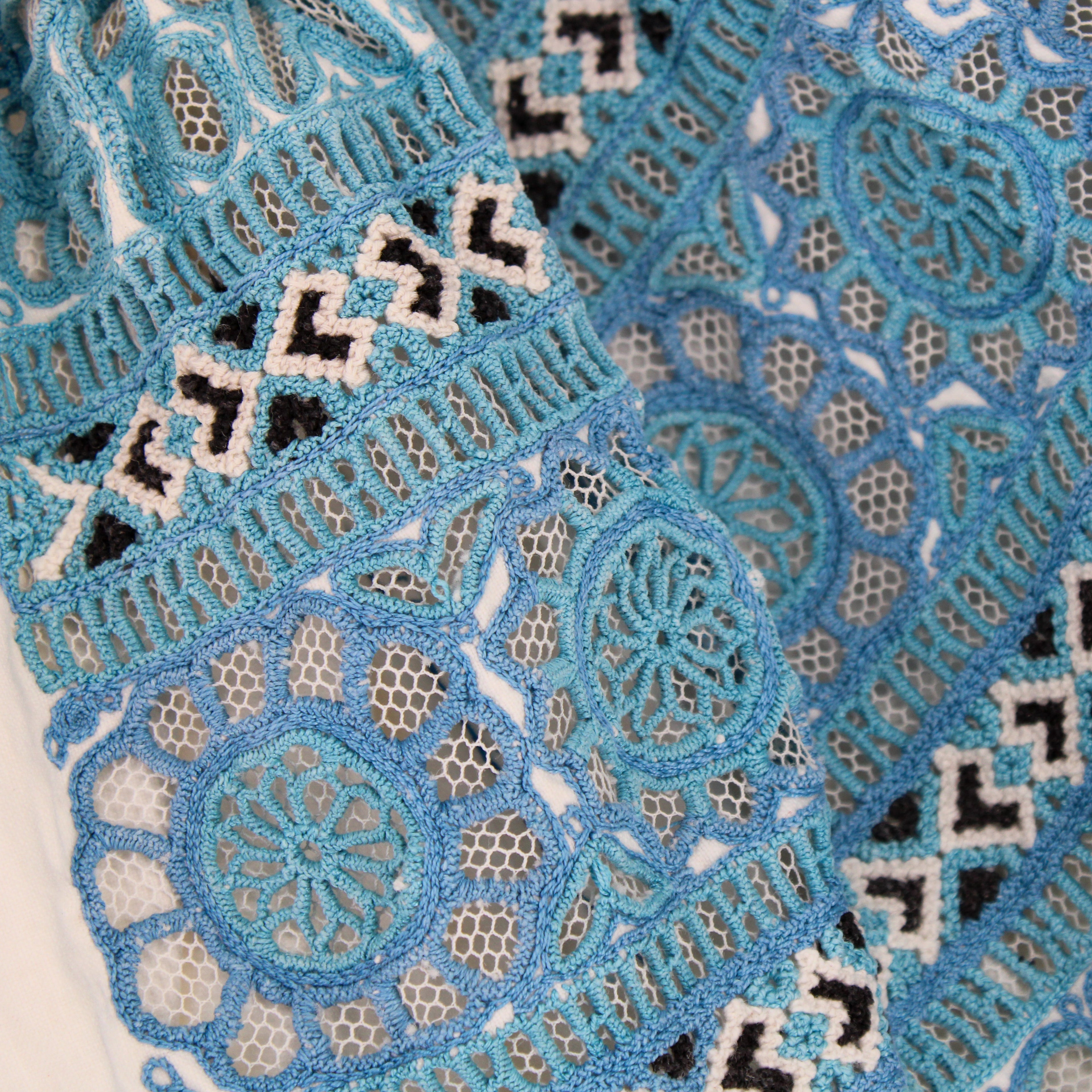 50s folk cropped blouse - hand-smocked neckline & wrists,  cutwork embroidery