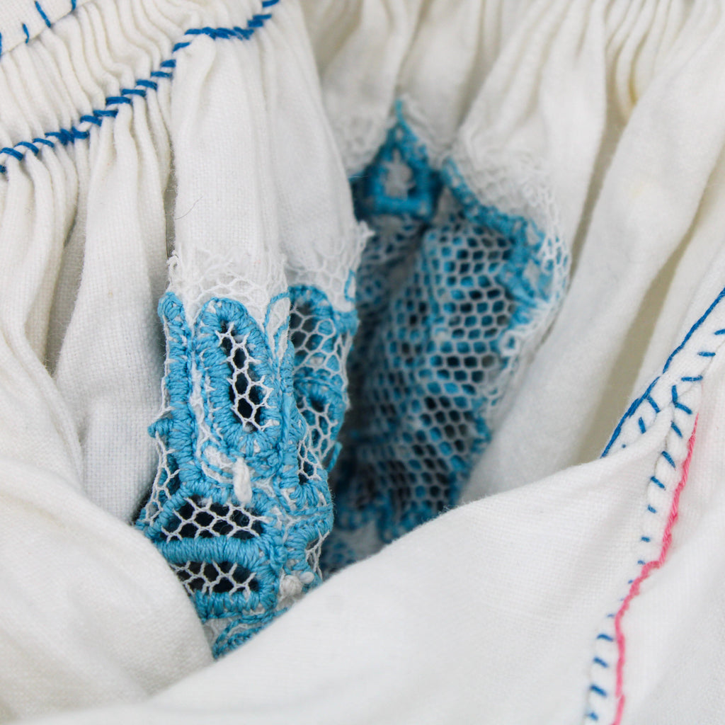 50s folk cropped blouse - hand-smocked neckline & wrists,  cutwork embroidery