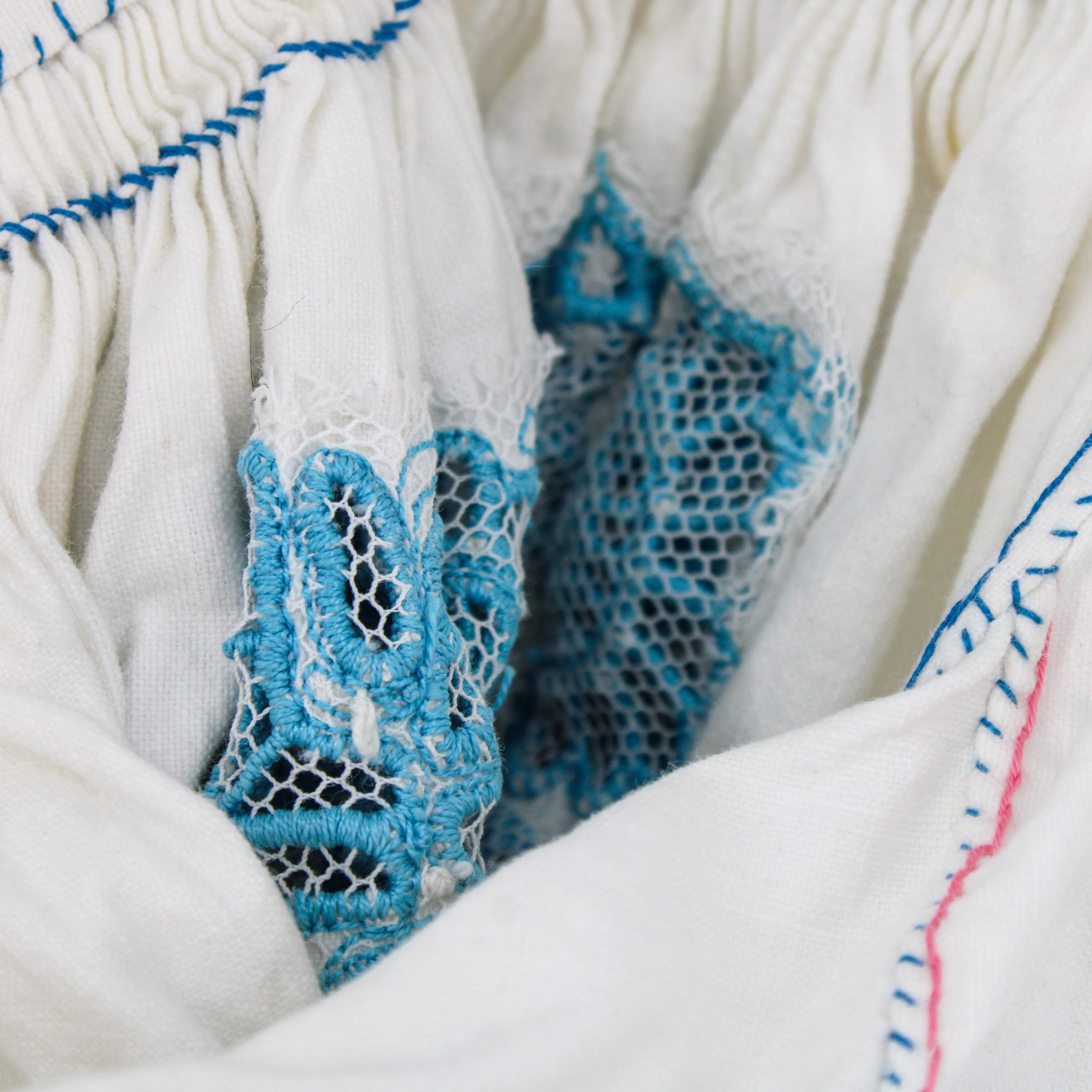 50s folk cropped blouse - hand-smocked neckline & wrists,  cutwork embroidery