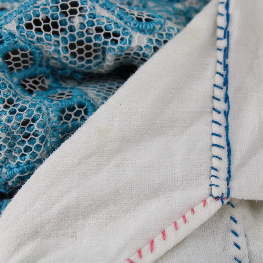 50s folk cropped blouse - hand-smocked neckline & wrists,  cutwork embroidery