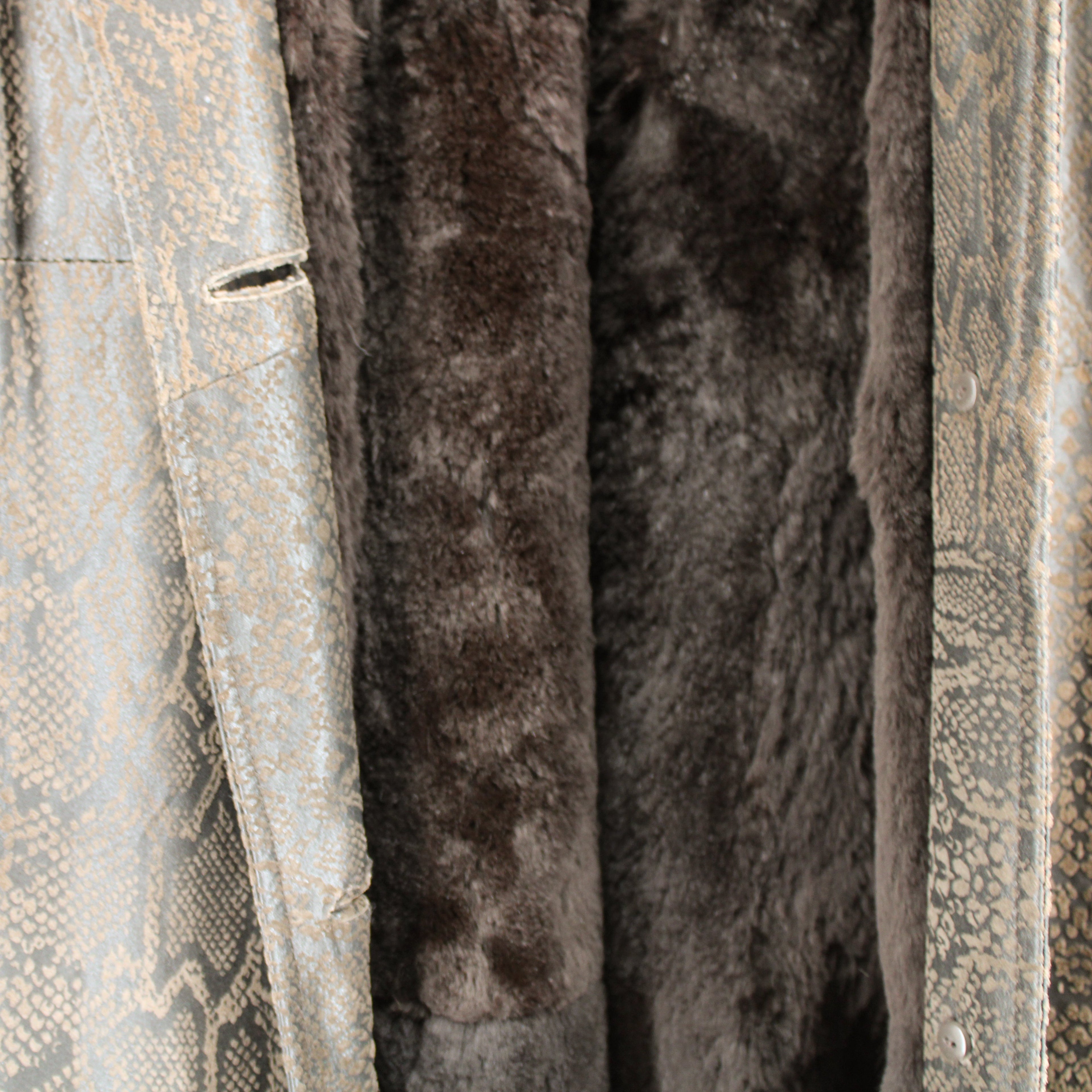 80s snakeskin leather coat with fur cuffs & lining, floorlength