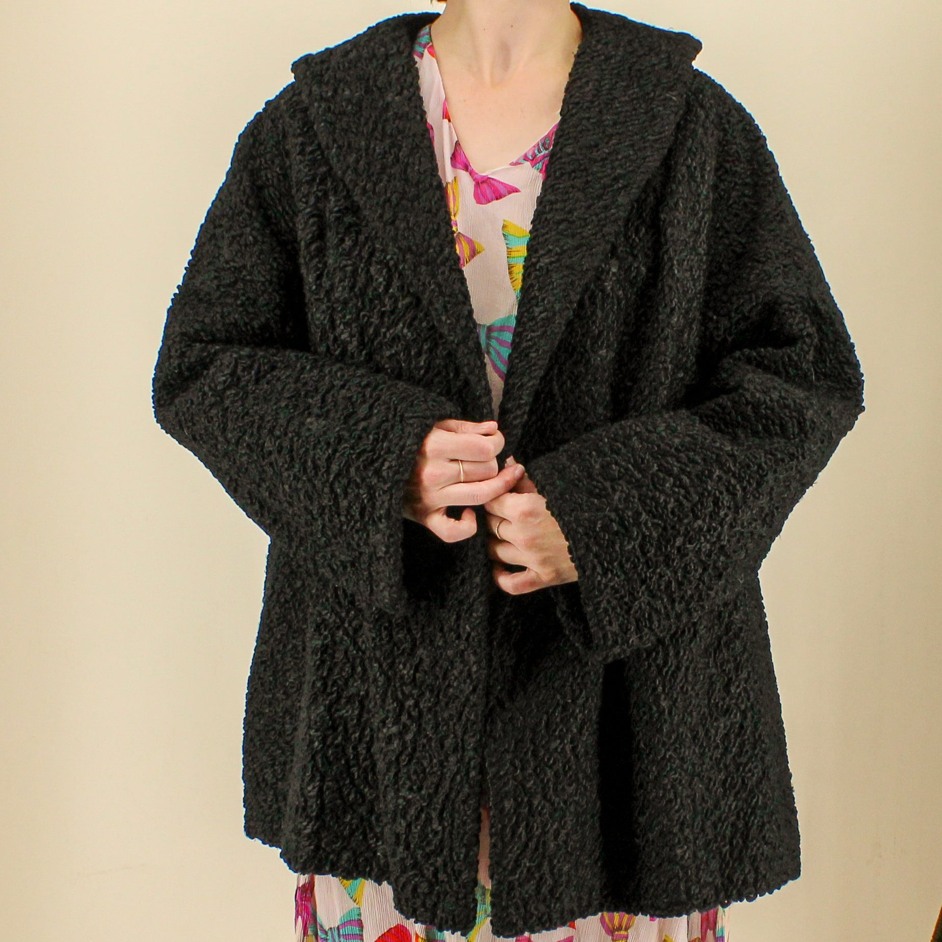 60s black karakulcha broadtail collared swing coat