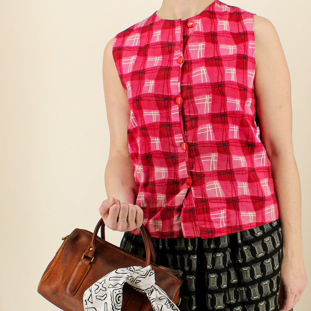60s reversible hand quilted pink plaid cotton vest