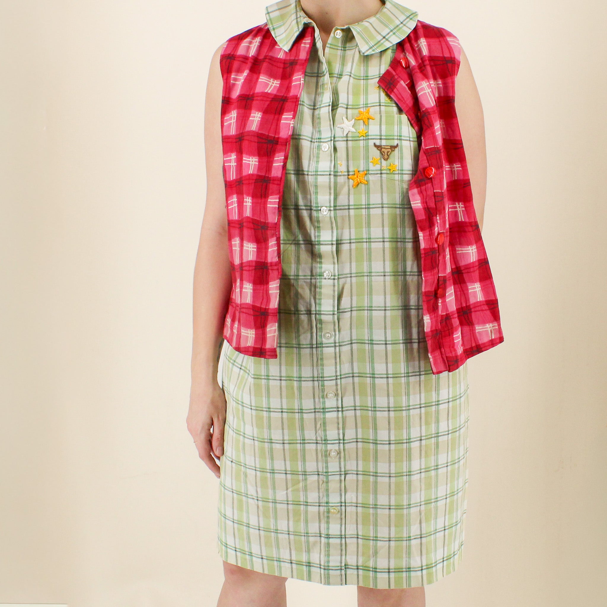 70s remade western embroidered plaid day dress