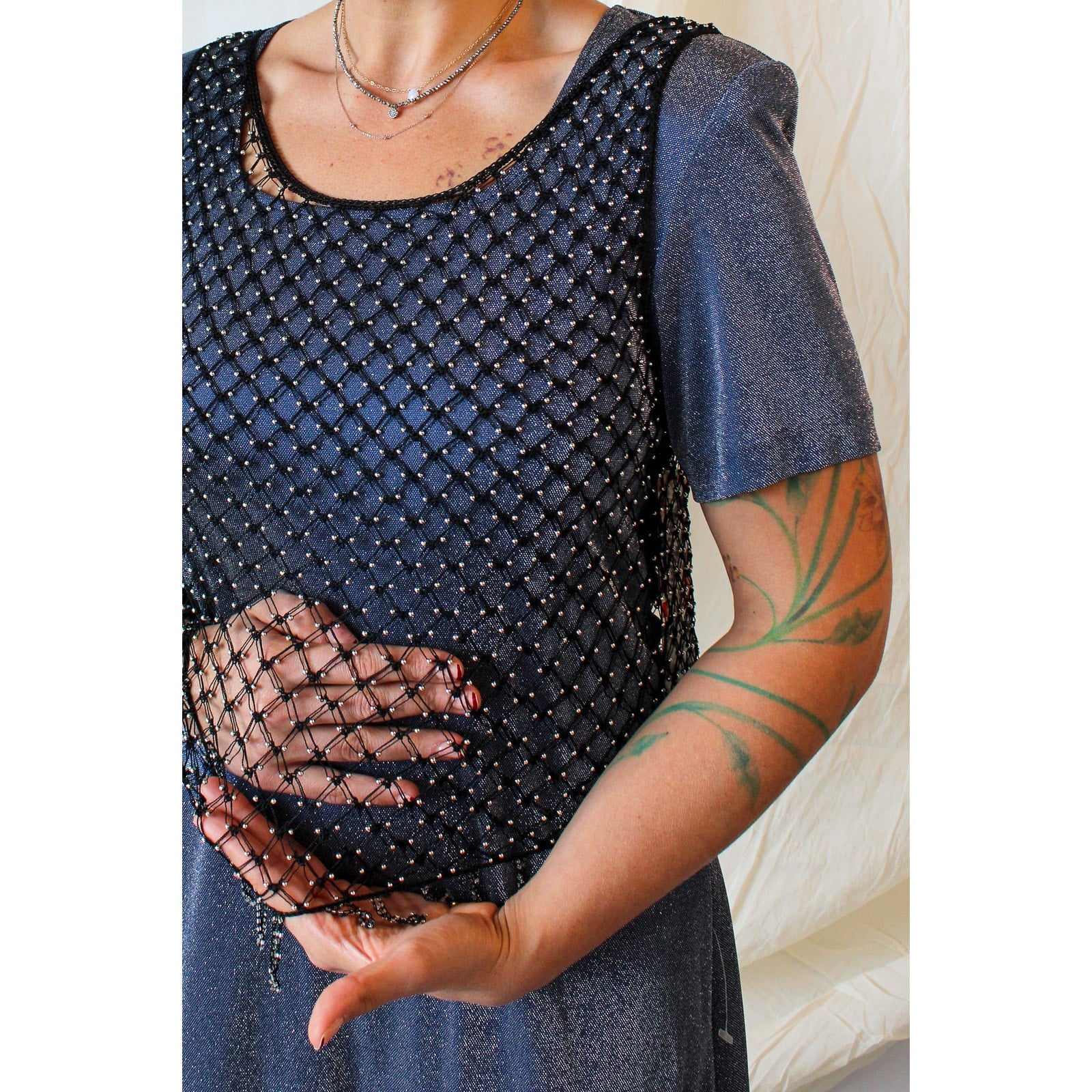 90s stenay silver beaded mesh top s/m