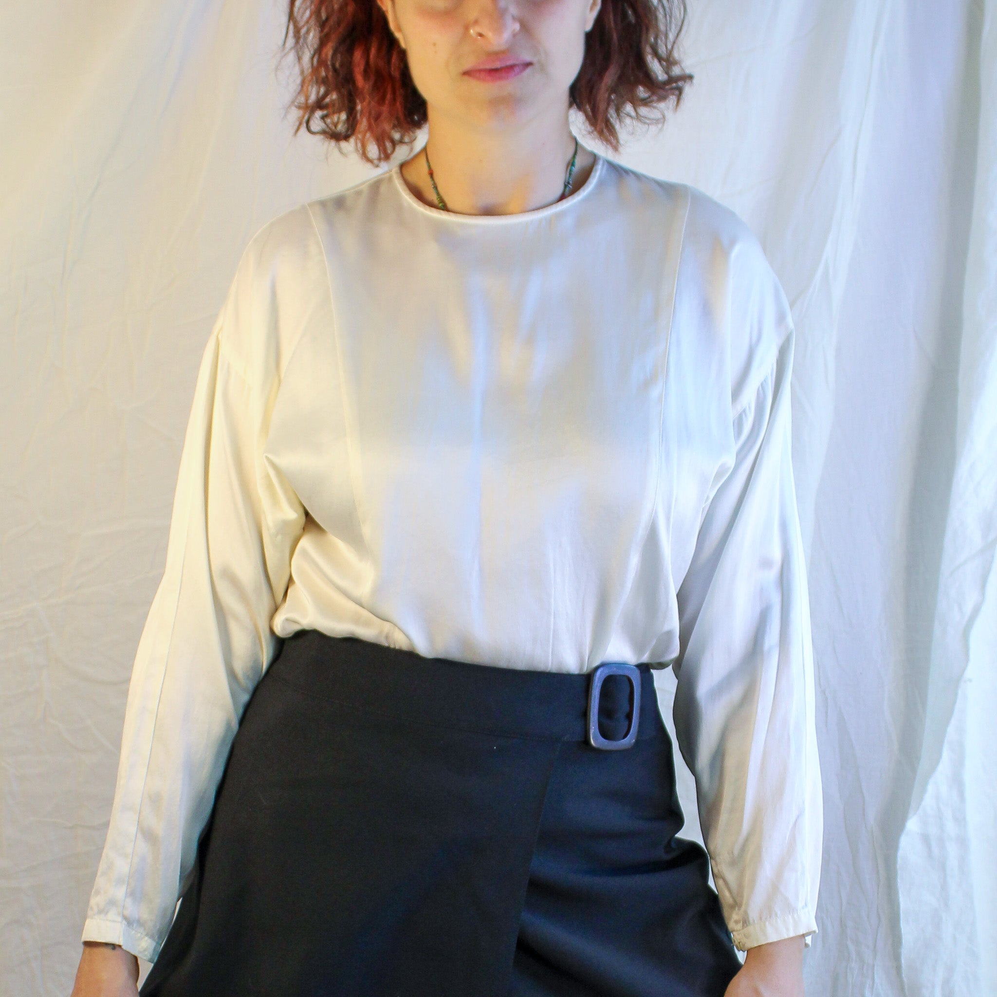 Front view of 90s Ann Taylor ivory silk blouse