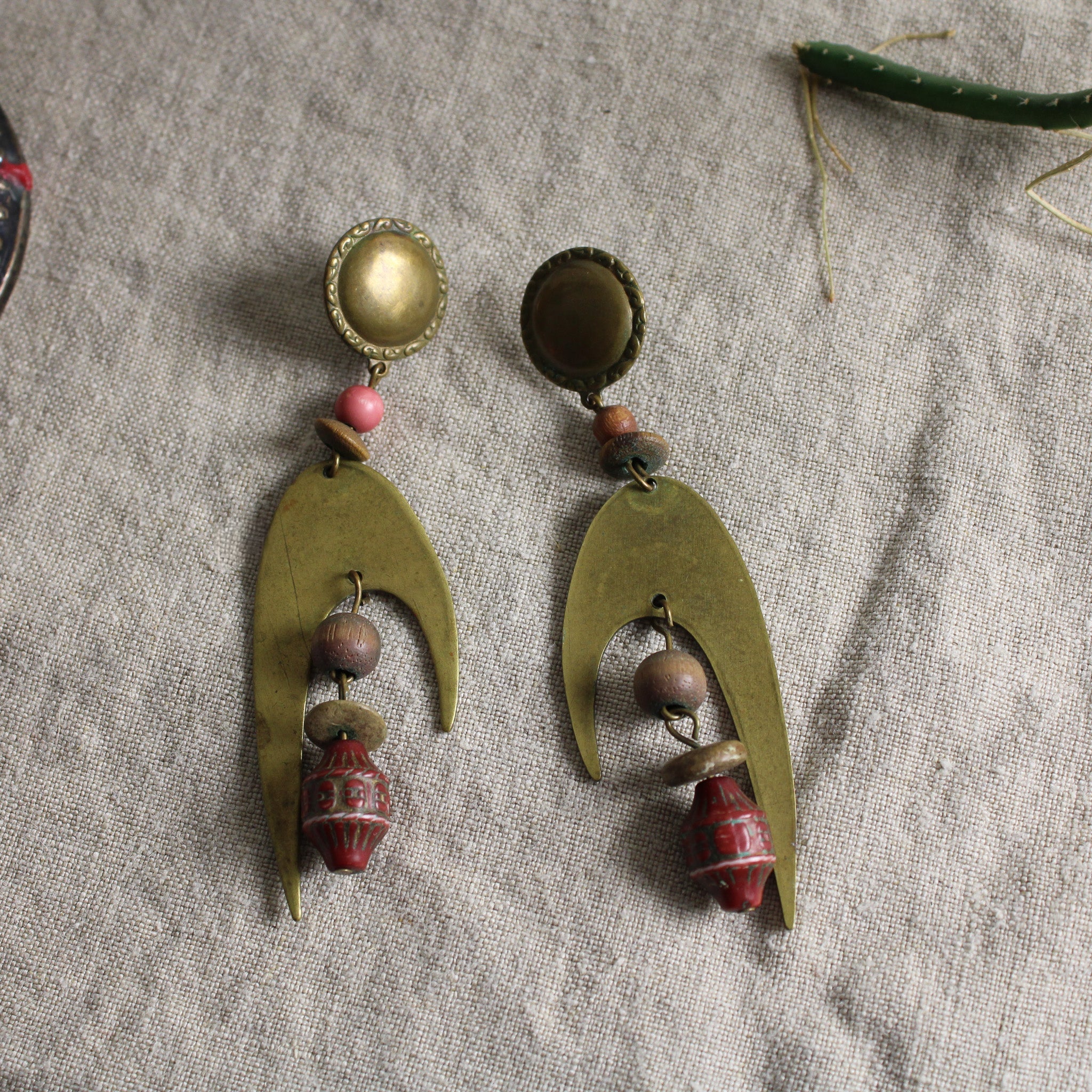 70s brass and bead atomic dangle earrings