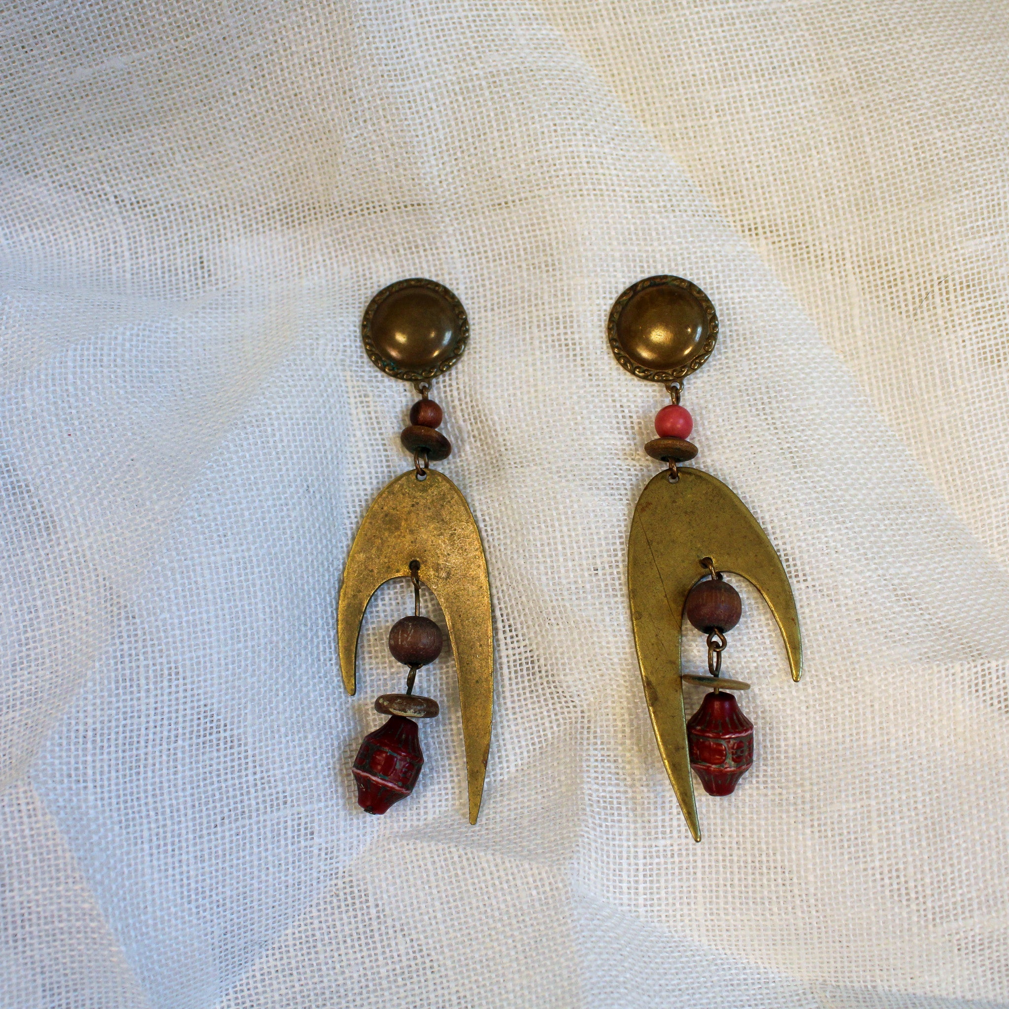 70s brass and bead atomic dangle earrings