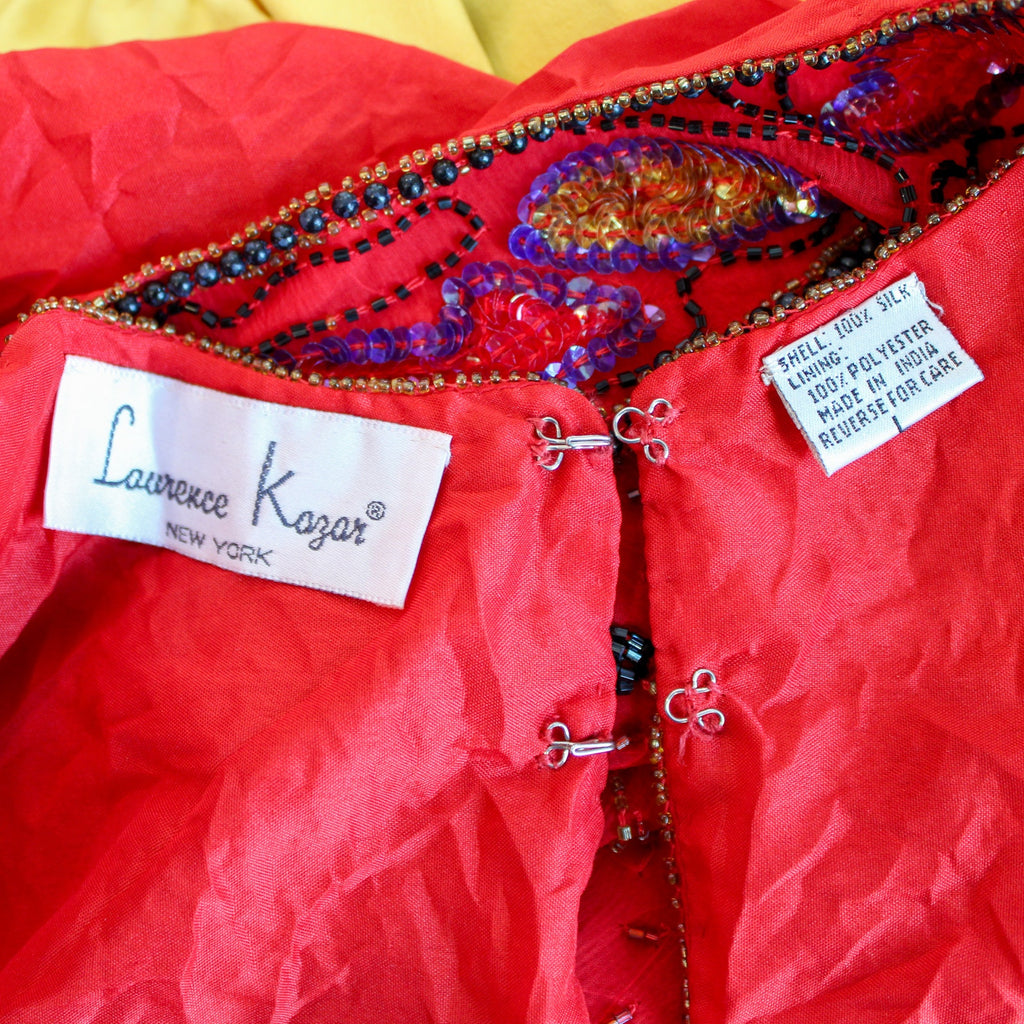 80s spellbinding red silk beaded “witch’s broom” top