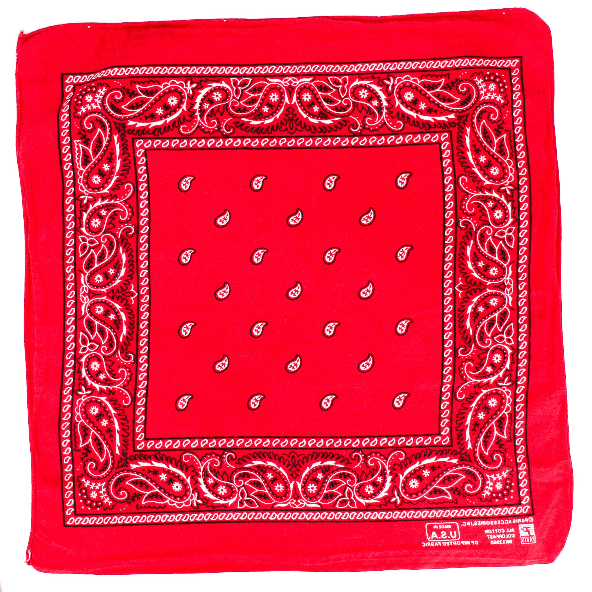 90s paris accessories red paisley cotton bandana - made in usa, rn 13960