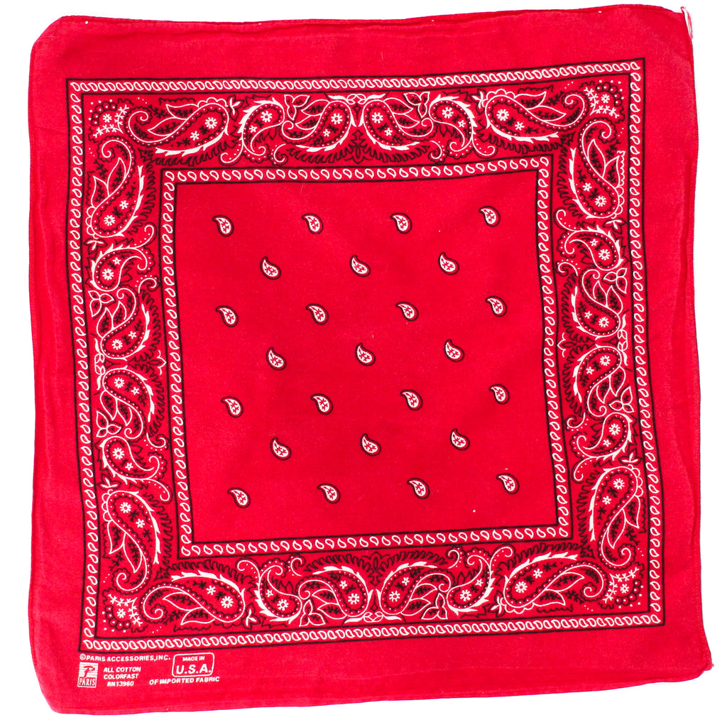90s paris accessories red paisley cotton bandana - made in usa, rn 13960