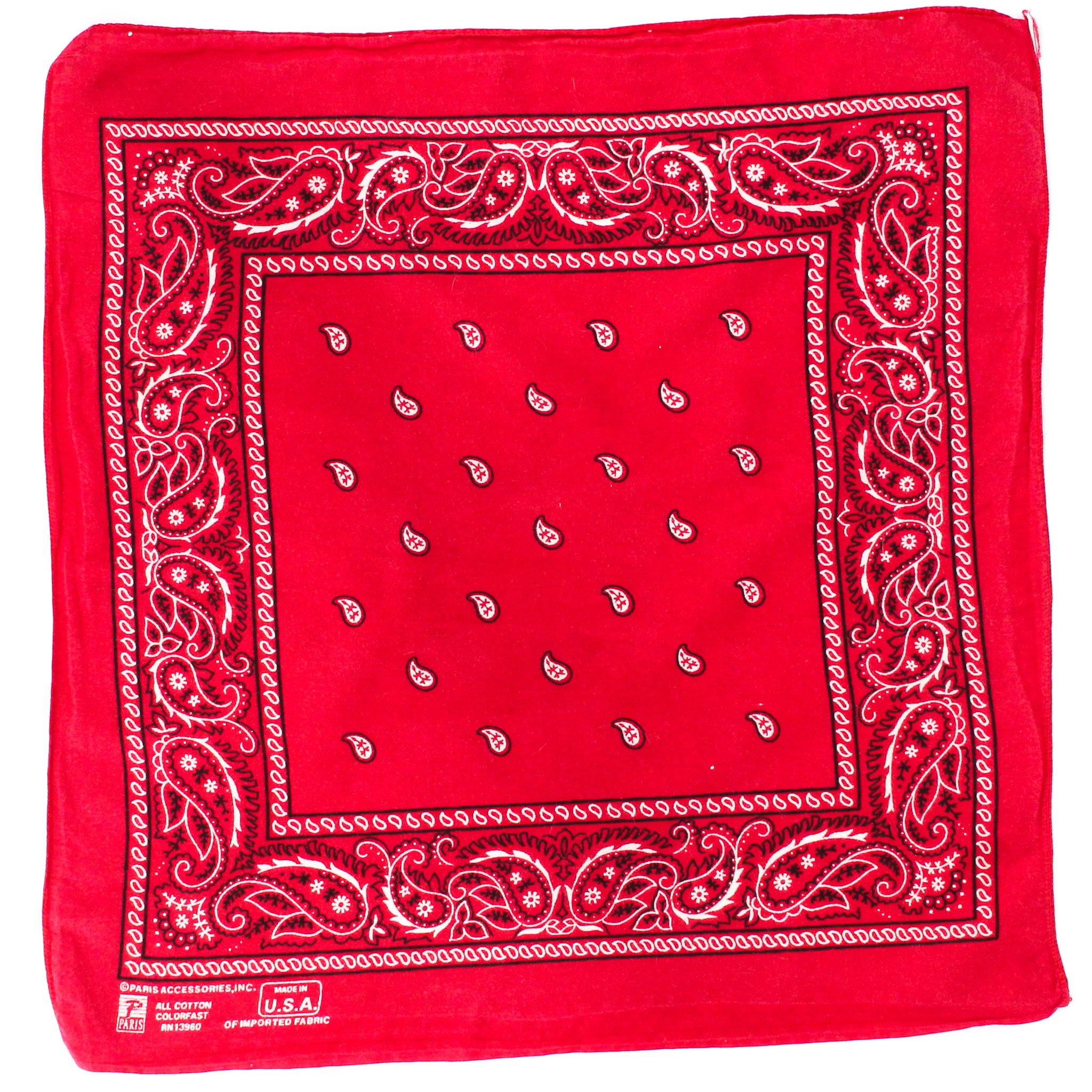 90s paris accessories red paisley cotton bandana - made in usa, rn 13960