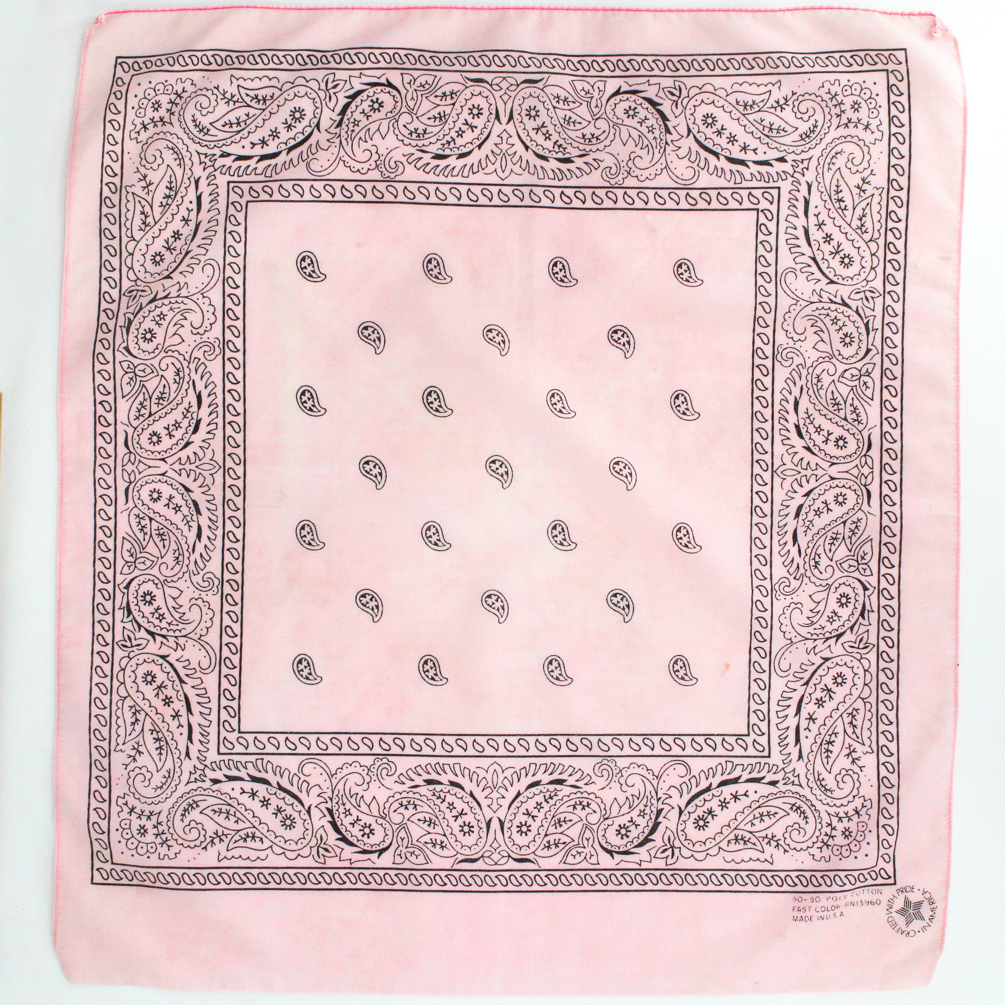 80s/90s baby pink paisley poly cotton bandana - crafted with pride, rn 13960
