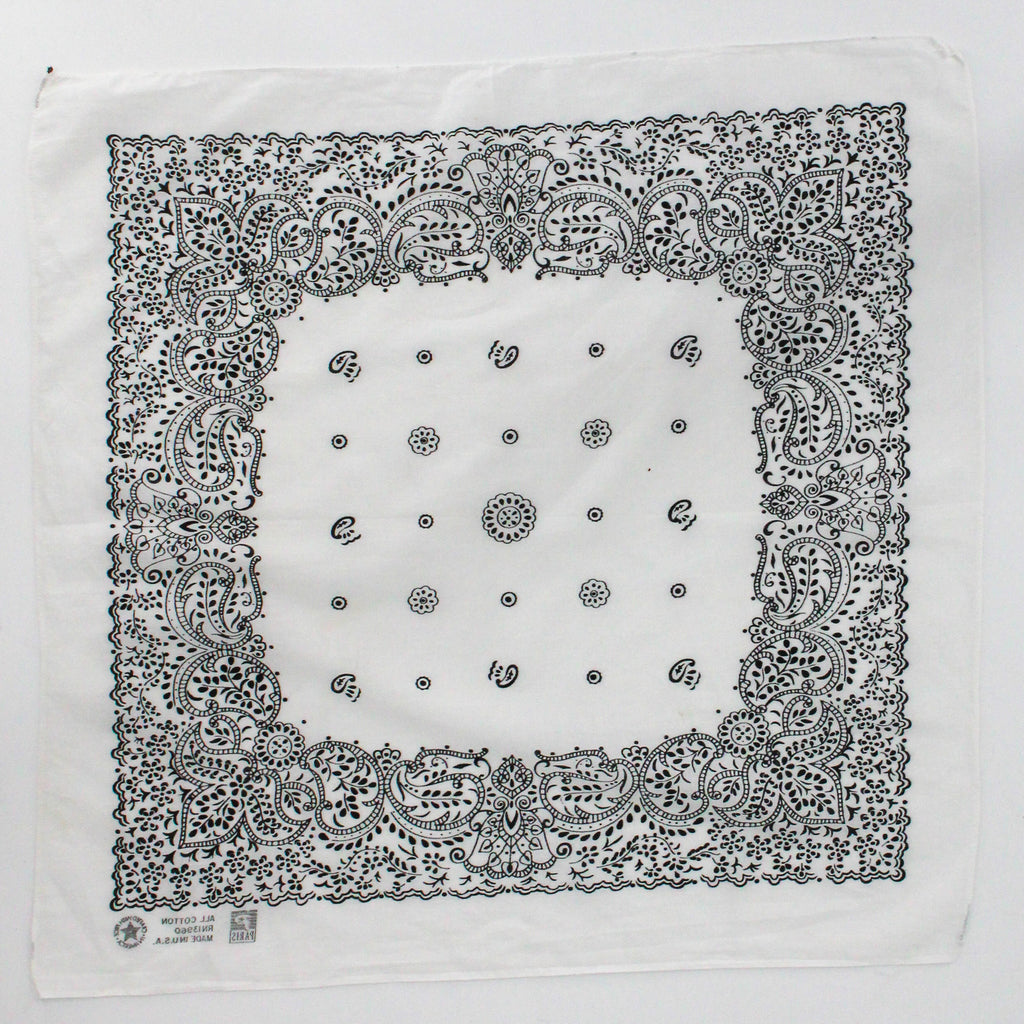 80s/90s paris accessories black and white paisley cotton bandana - made in usa