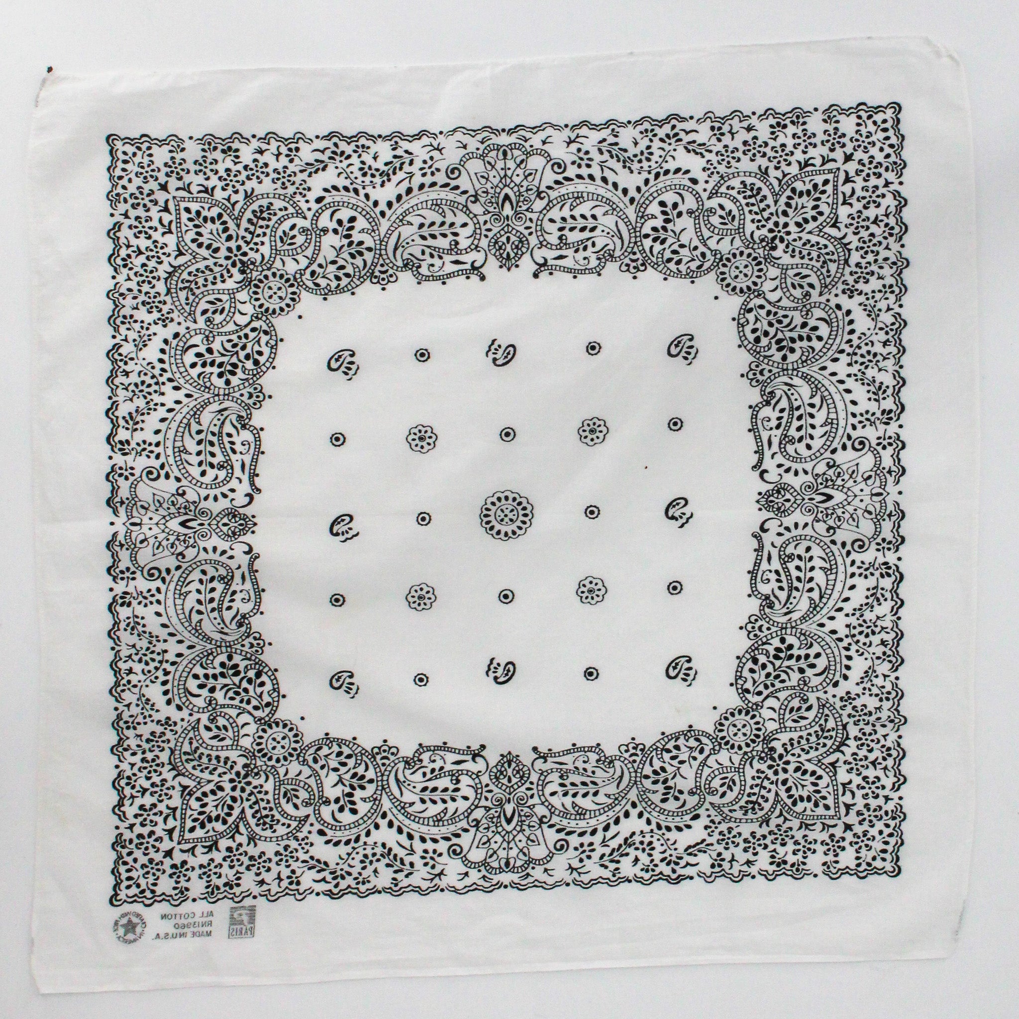 80s/90s paris accessories black and white paisley cotton bandana - made in usa