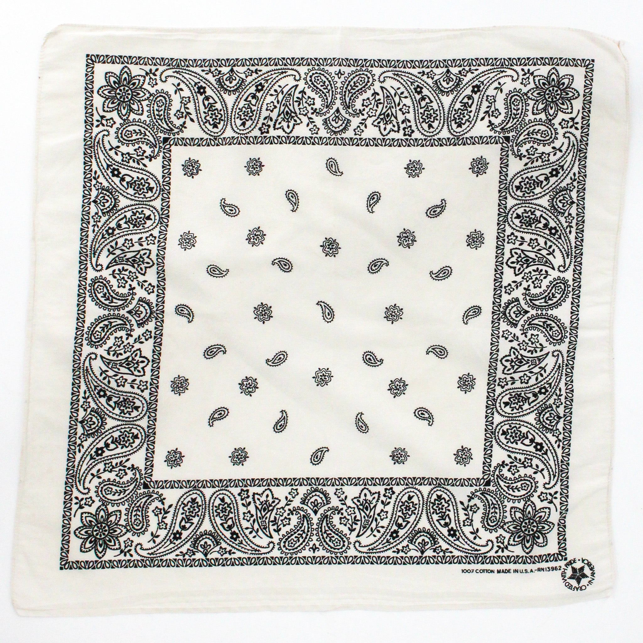 80s cream and black paisley cotton bandana - crafted with pride, rn 13962