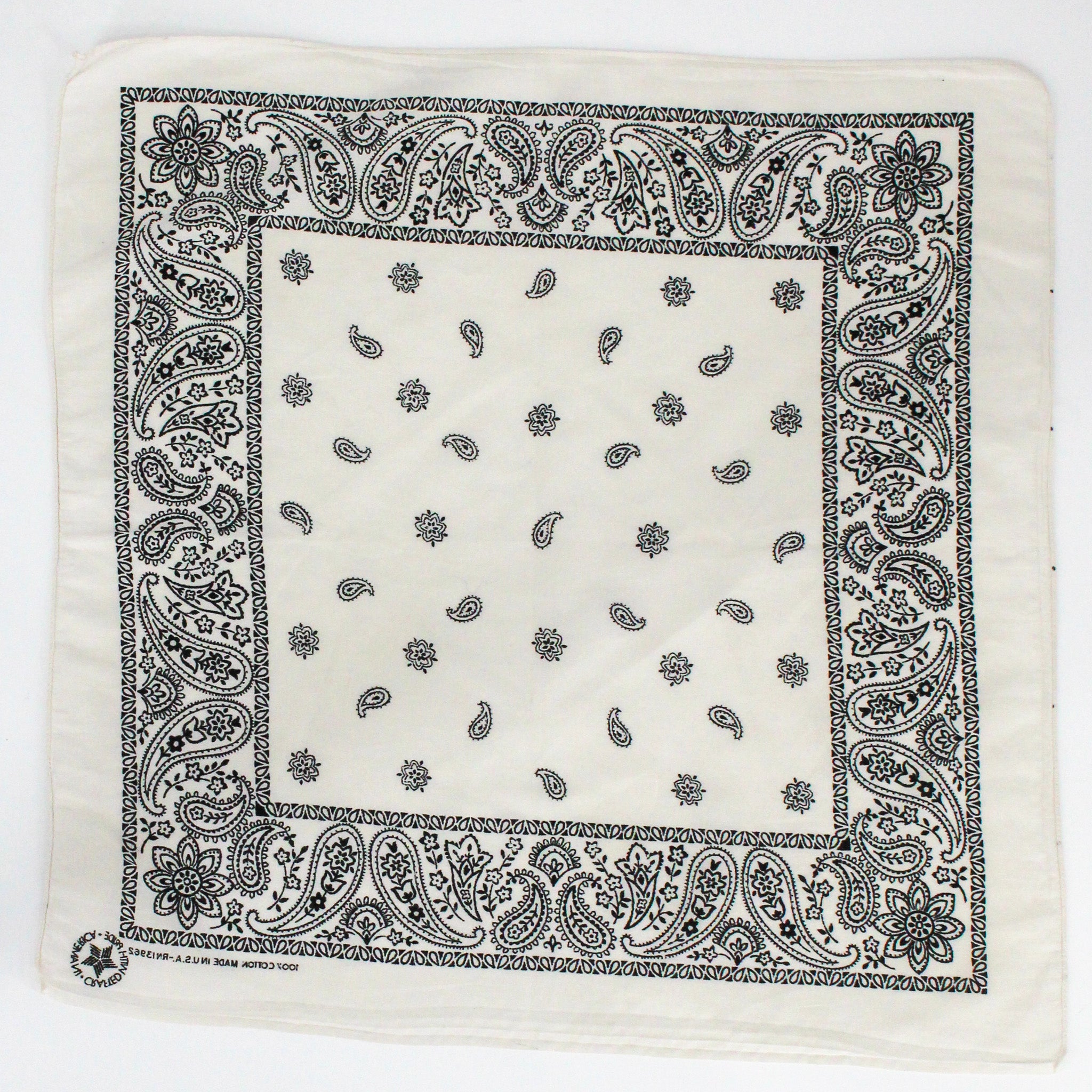 80s cream and black paisley cotton bandana - crafted with pride, rn 13962