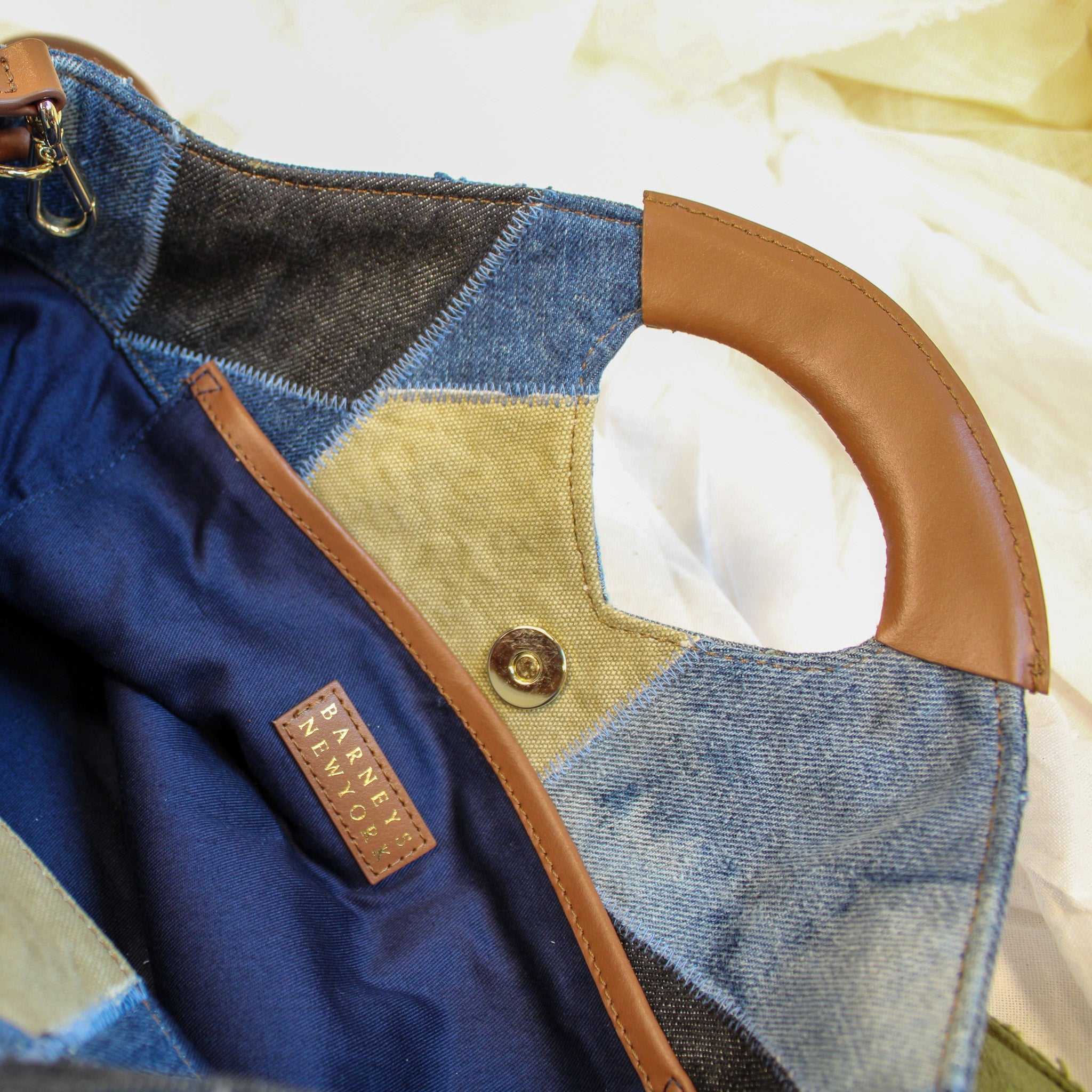 vintage barneys new york patchwork denim & leather satchel