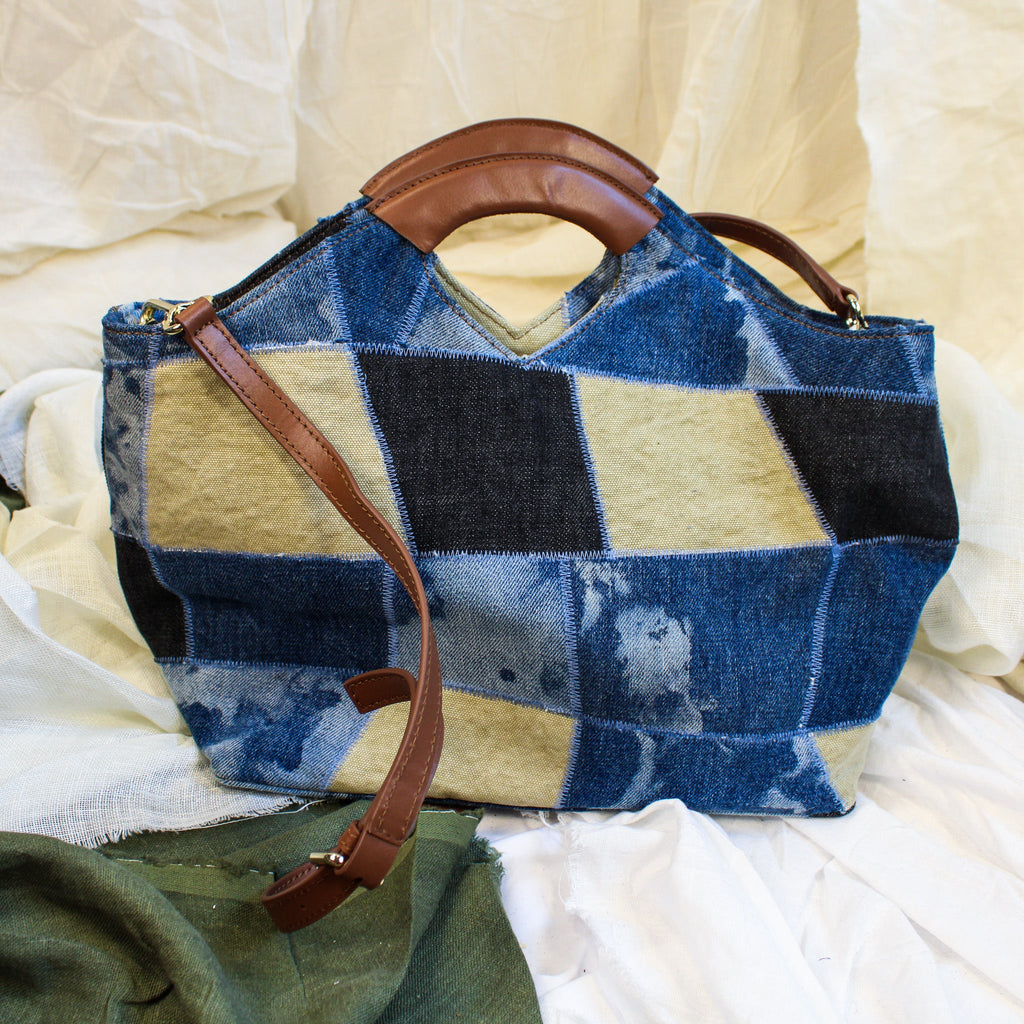vintage barneys new york patchwork denim & leather satchel