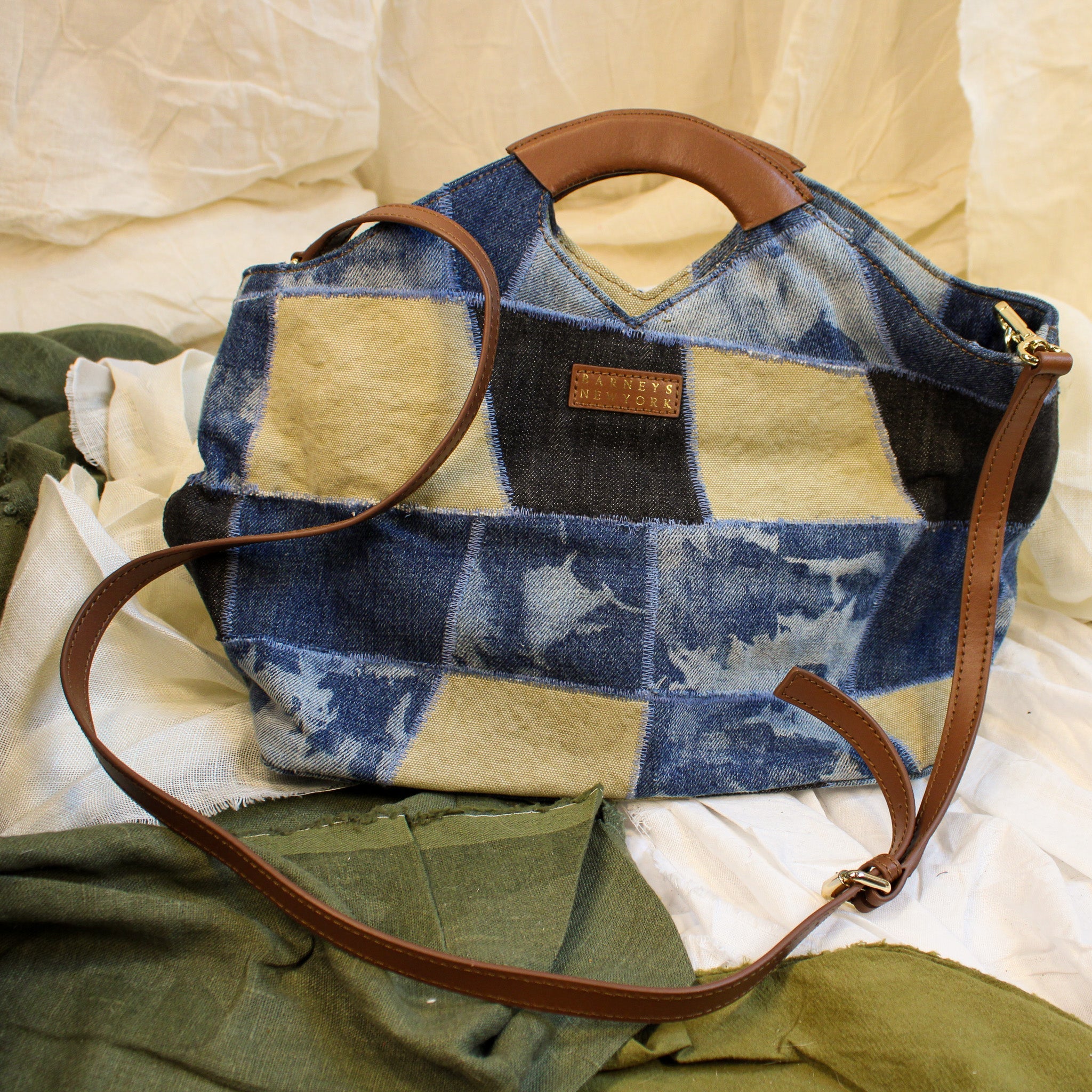 vintage barneys new york patchwork denim & leather satchel