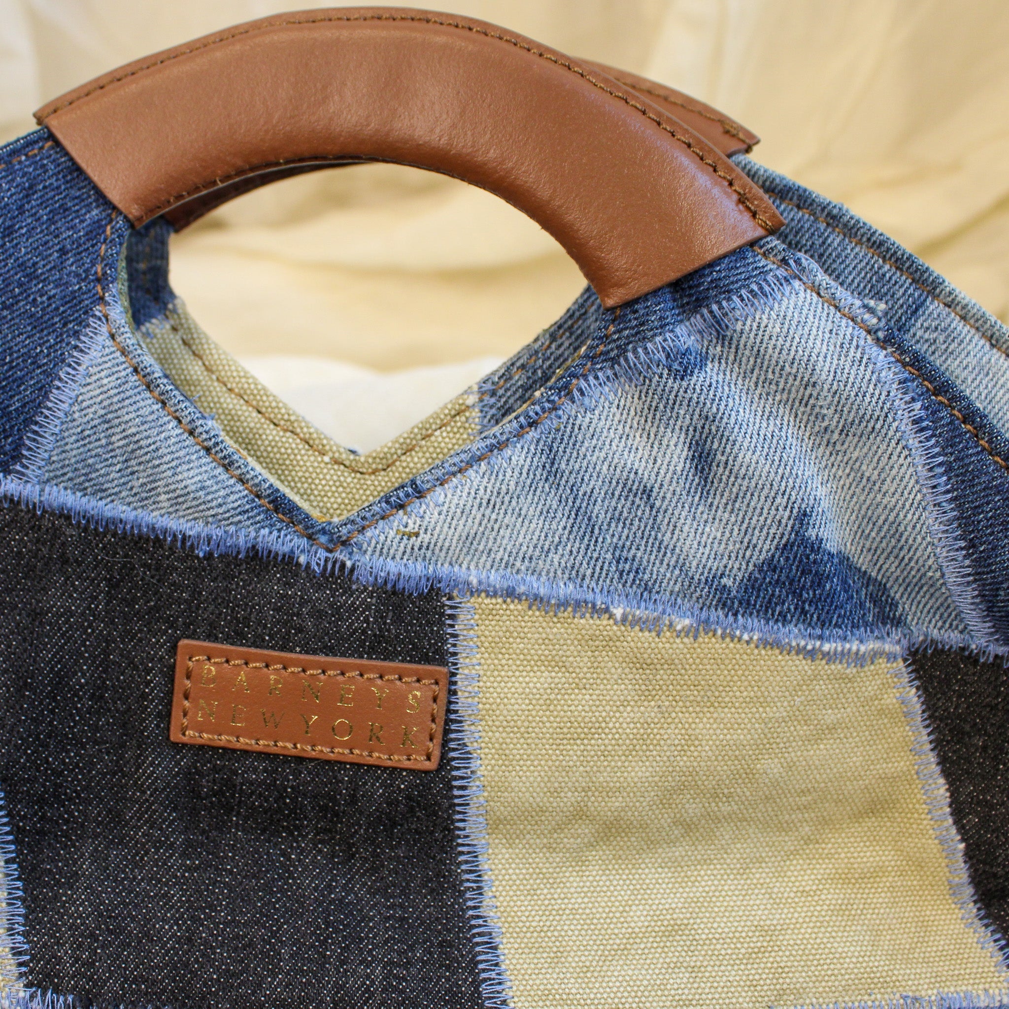 vintage barneys new york patchwork denim & leather satchel