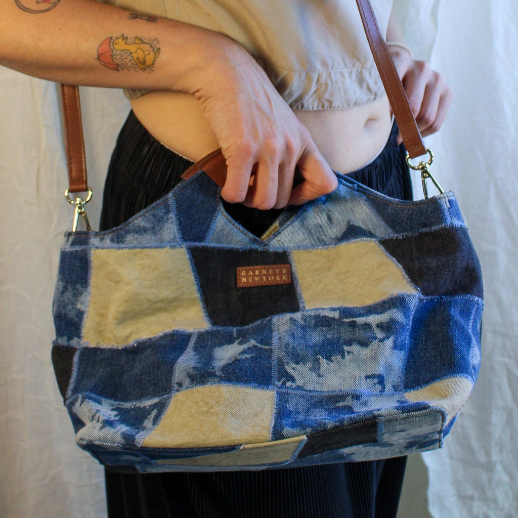 y2k vintage barneys new york patchwork denim & leather satchel